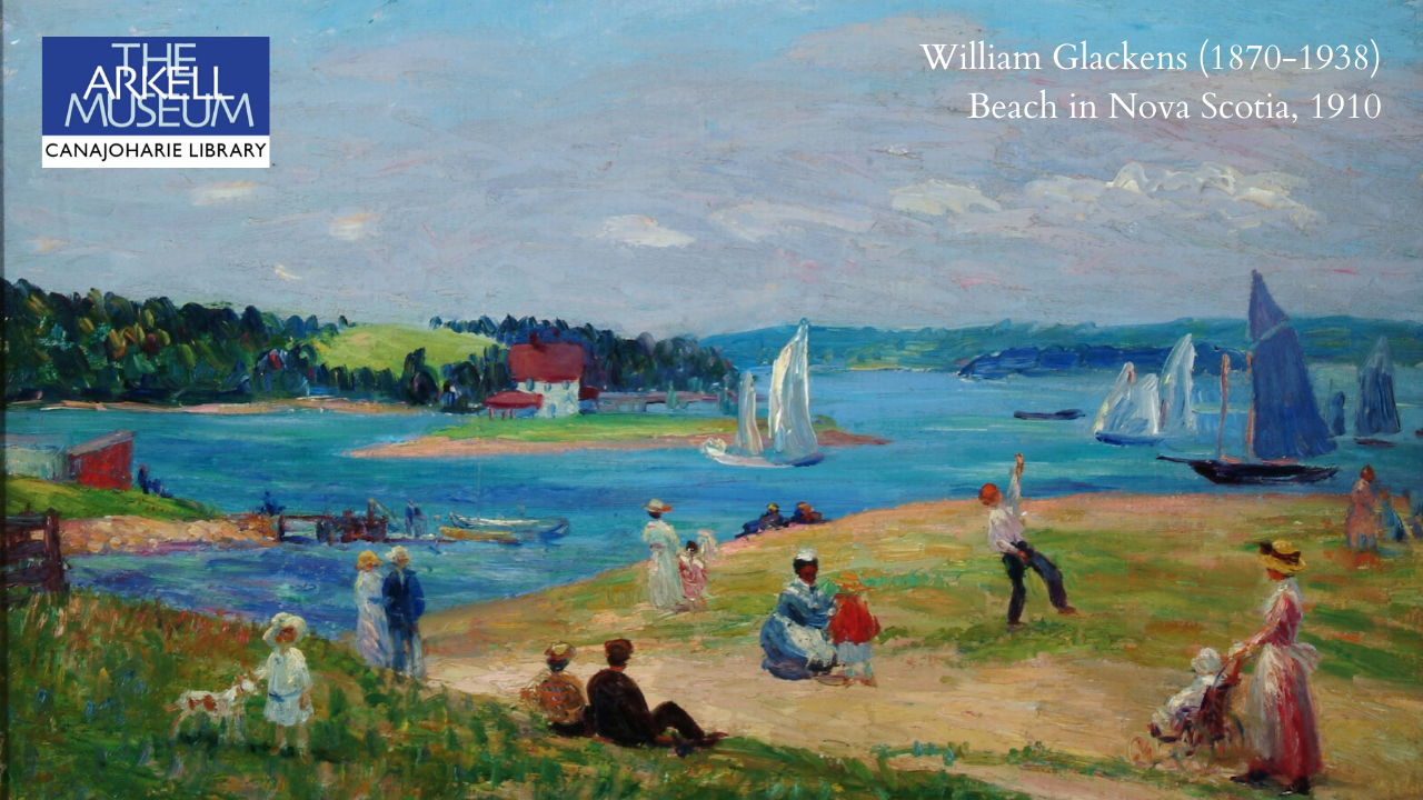 A zoom background for "Beach on Nova Scotia" by William Glackens. The painting features multiple people on the beach enjoying the nice weather, while boats are in the water. One figure is waving to the sailboats nearby.