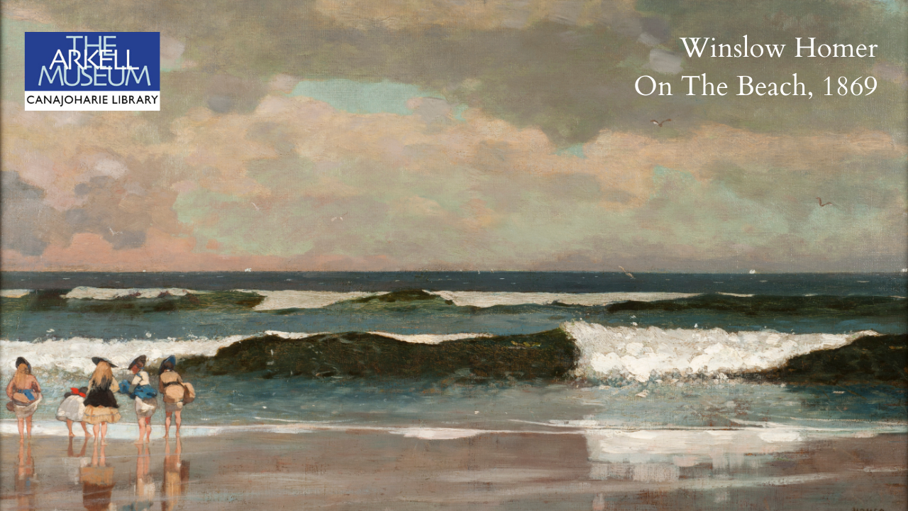 A zoom background featuring the Arkell Museum and Canajoharie Library logo. The painting is "On the Beach" by Winslow Homer. The painting is a beachside with rocky waves, and a group of women in bathing suits on the left facing away from the viewer.