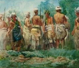 oil painting of men standing wearing loin cloths