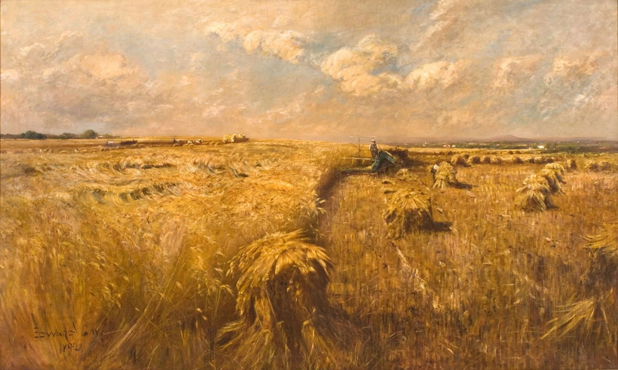 Oil painting of a field of golden wheat. Men in the background harvest the wheat with a green colored hay machine. The sky is bright with white clouds. 