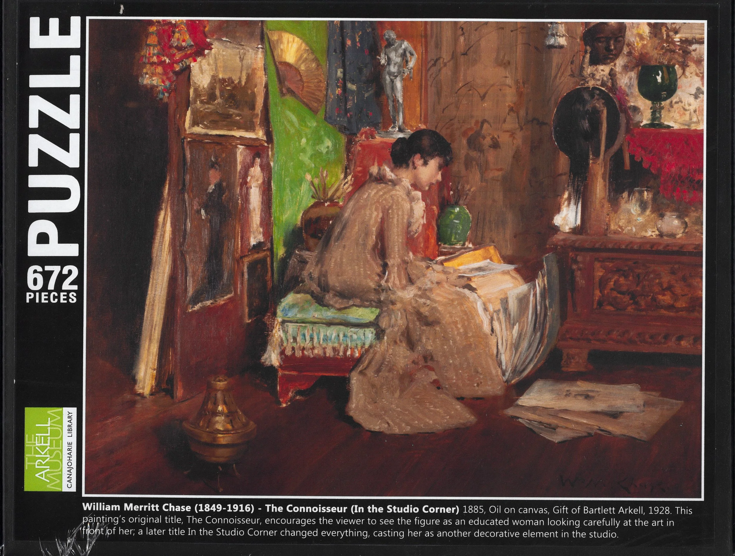 A painting of a woman focusing on a project. She is in a room with many pieces of art, fine clothing, and fine objects.