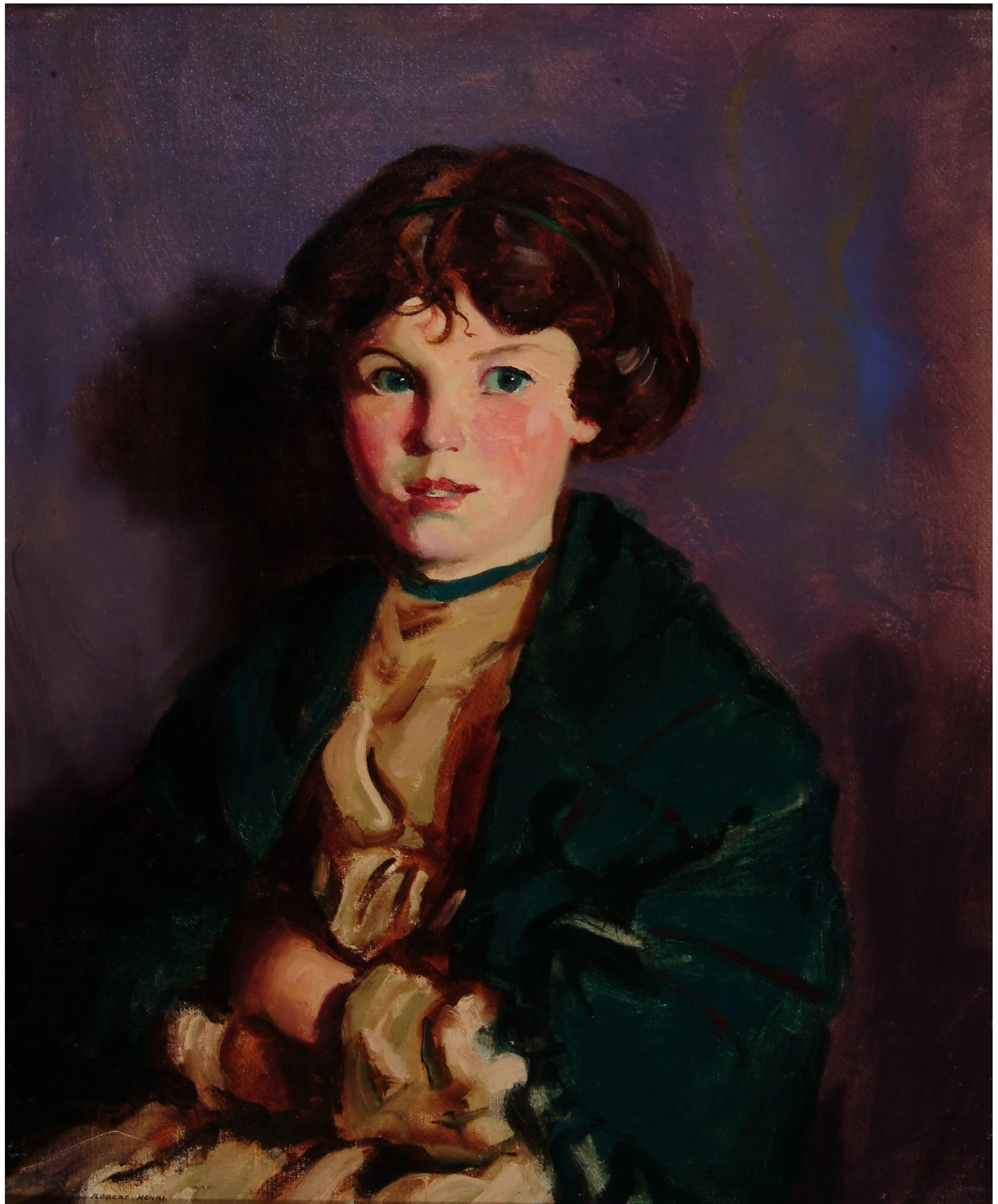 A portrait of a seated young girl with pale skin, short dark red hair, and blue-green eyes wearing a yellow dress with a green collar, shawl and headband. Arms crossed in front of her.