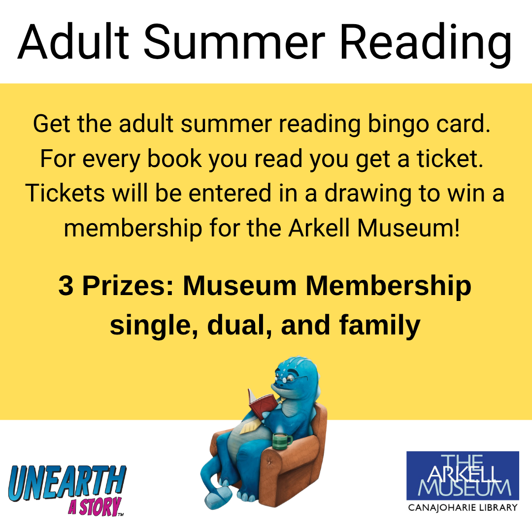 This is a promo photo for our Adult Summer Reading Program. For every book you read, you are entered into a drawing to win a one year membership to the Arkell Museum.