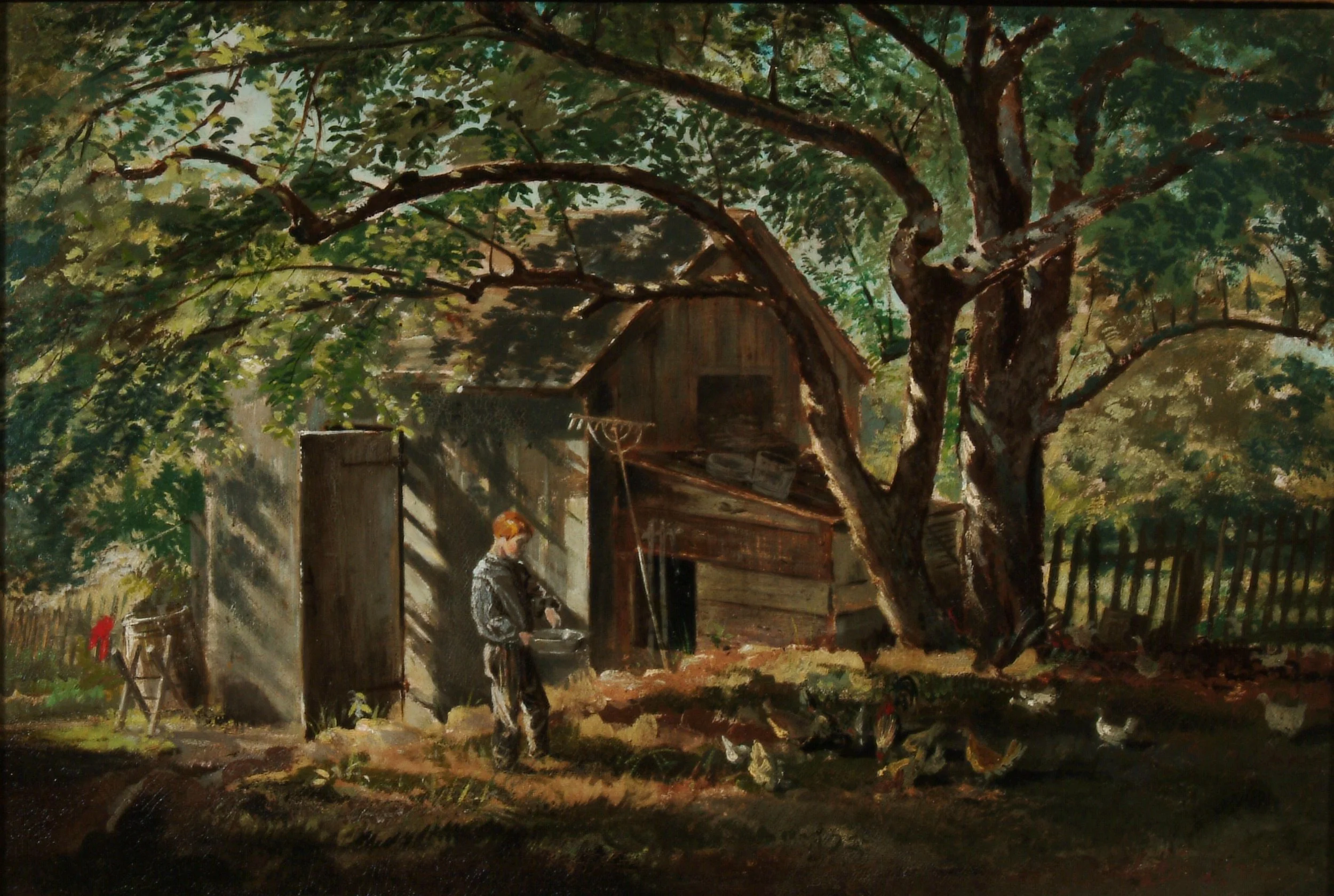 oil painting of a boy feeding chickens in the shade of a large tree. There is a barn like structure behind him. 