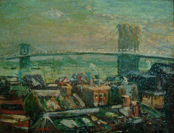 Oil painting of the Brooklyn Bridge with the tops of buildings in the foreground. There are white dots in the air depicting snow. The painting is in the impressionist style and the brush strokes are very prominent