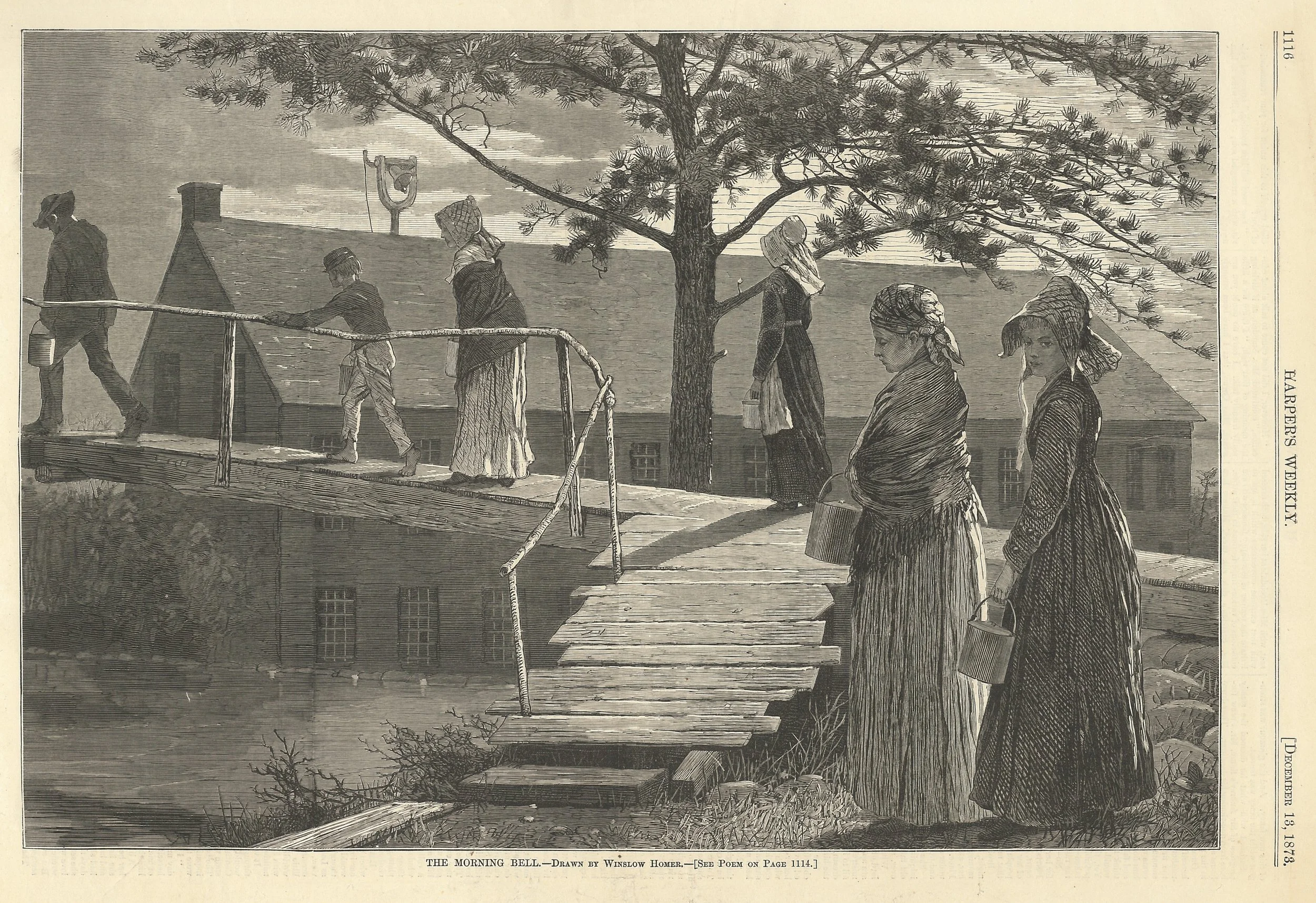 Black and white etching of women going into a factory building by travelling over a wooded foot bridge.Two women in the front right hold dinner pails. One looks outward toward the viewer.