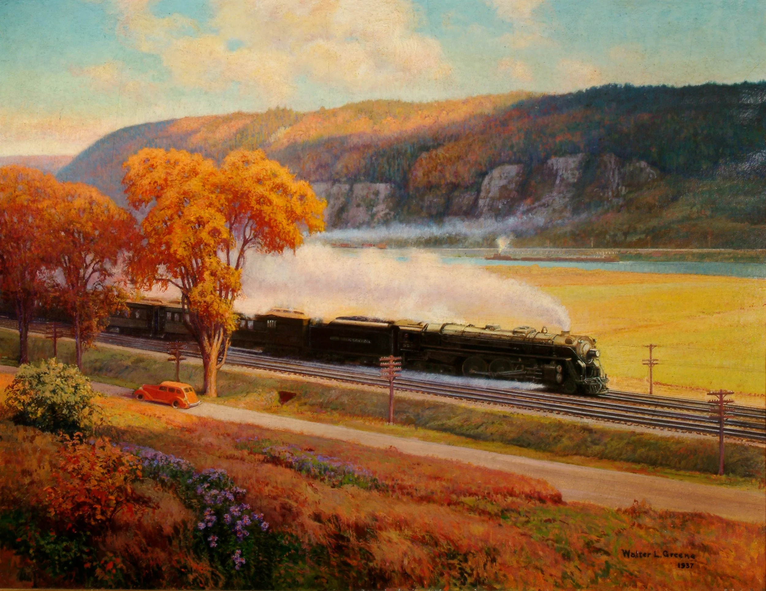 Oil painting of the Mohawk Valley. There is a road with an orange car on it in the foreground. In the midground is a large black locomotive with steam coming out of the top. In the background is the Mohawk River with a large steaming along it. Behind