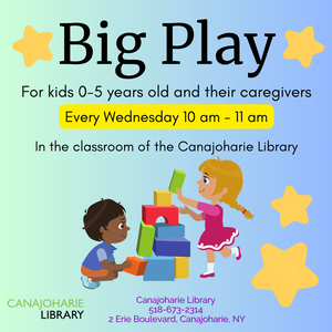 This is a promotional image for the Big Play event. It has two children playing with colorful wooden blocks and there are four yellow stars over a blue-green gradient background.