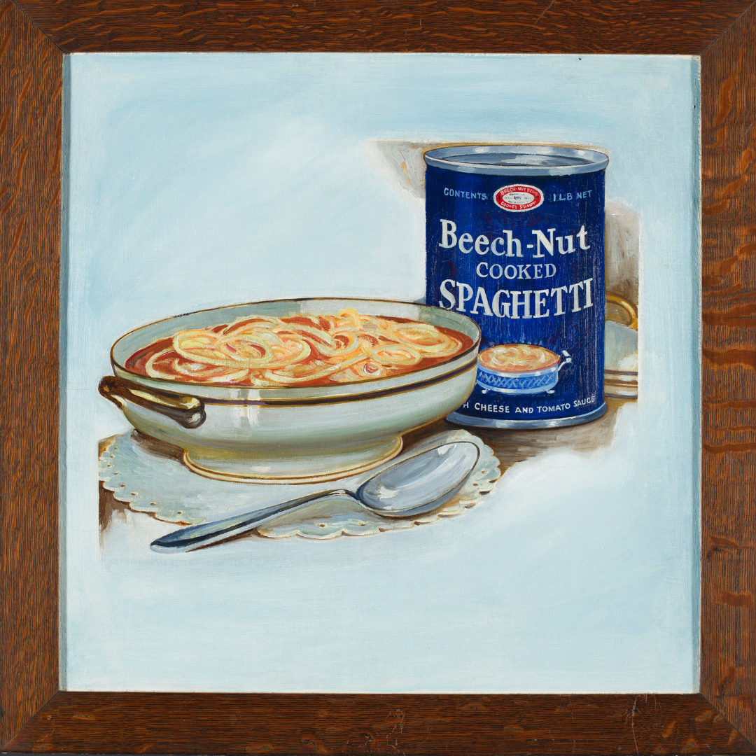 Oil painting of a tin can of Beech-Nut Cooked Spaghetti with a fancy tureen full of spaghetti