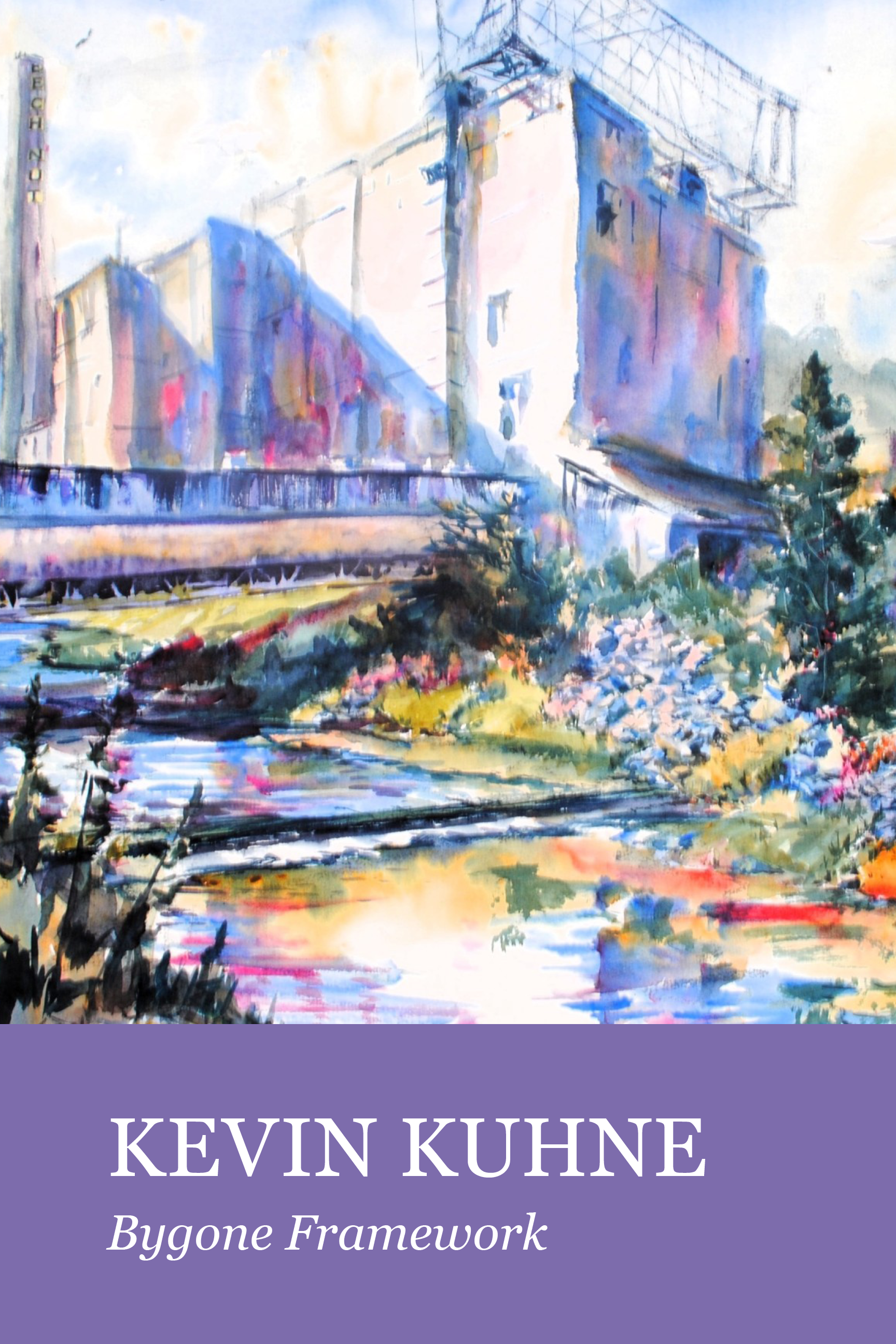 Kevin Kuhne - Bygone Framework. This is an image of Kevin's watercolor piece titled "Beechnut Factory". It is a watercolor image of the former Beechnut Factory located in Canajoharie NY with light rainbow watercolors over the sketch.