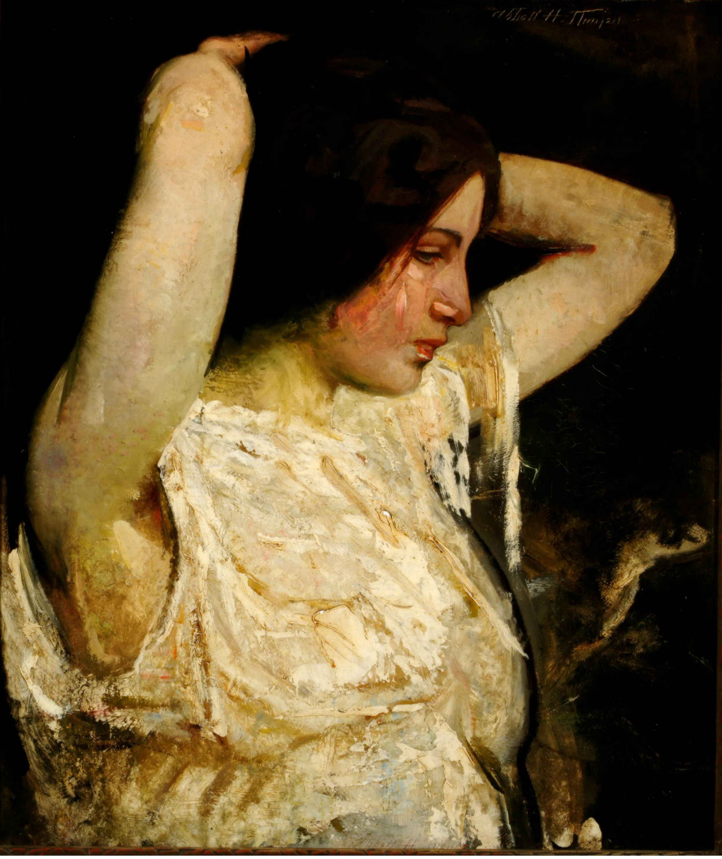 Oil painting of a woman wearing a flowing white garment. She has her hands back as if arranging her hair.