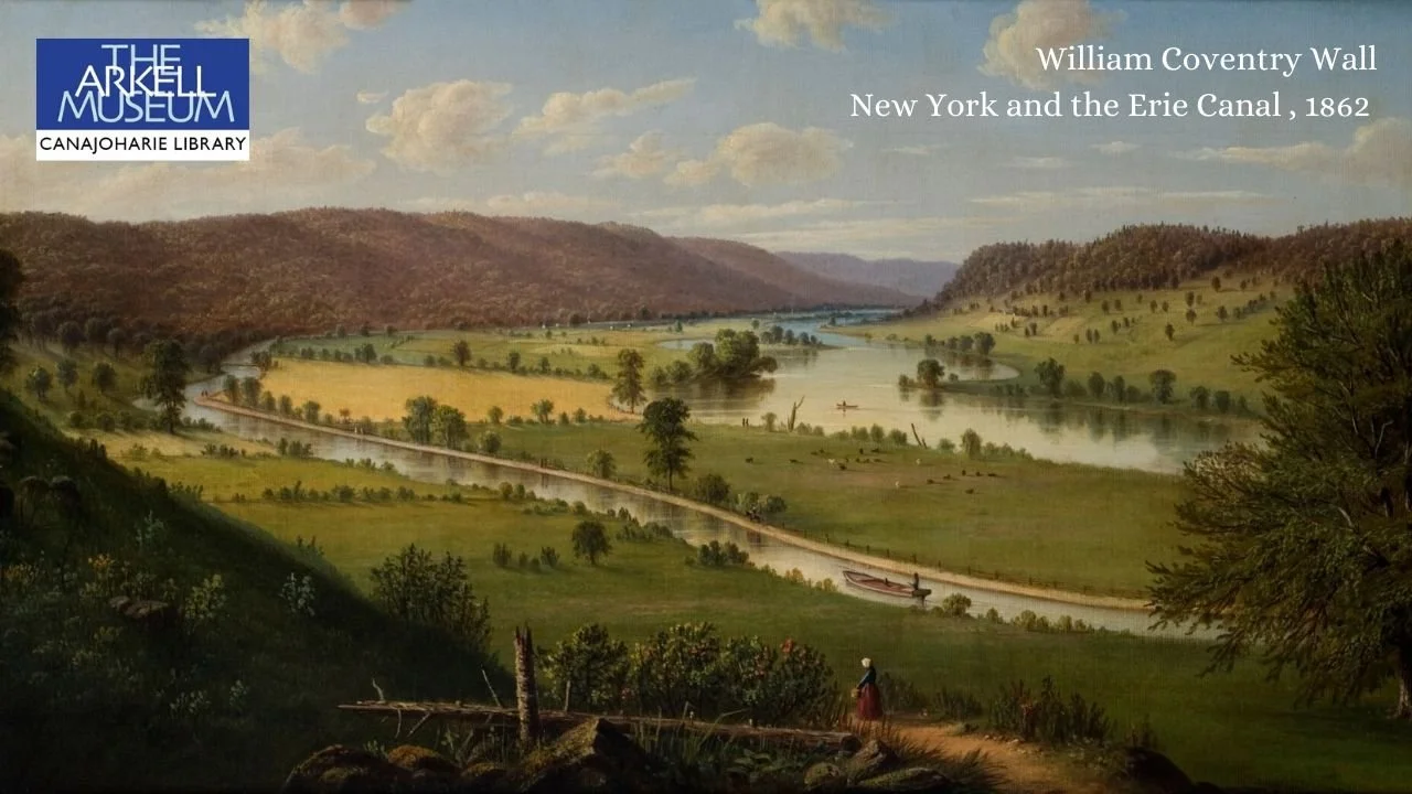 A zoom background featuring the Arkell Museum and Canajoharie Library logo. The painting is "New York and the Erie Canal" by William Coventry Wall. It is a painting of the Erie Canal and the landscape around it.