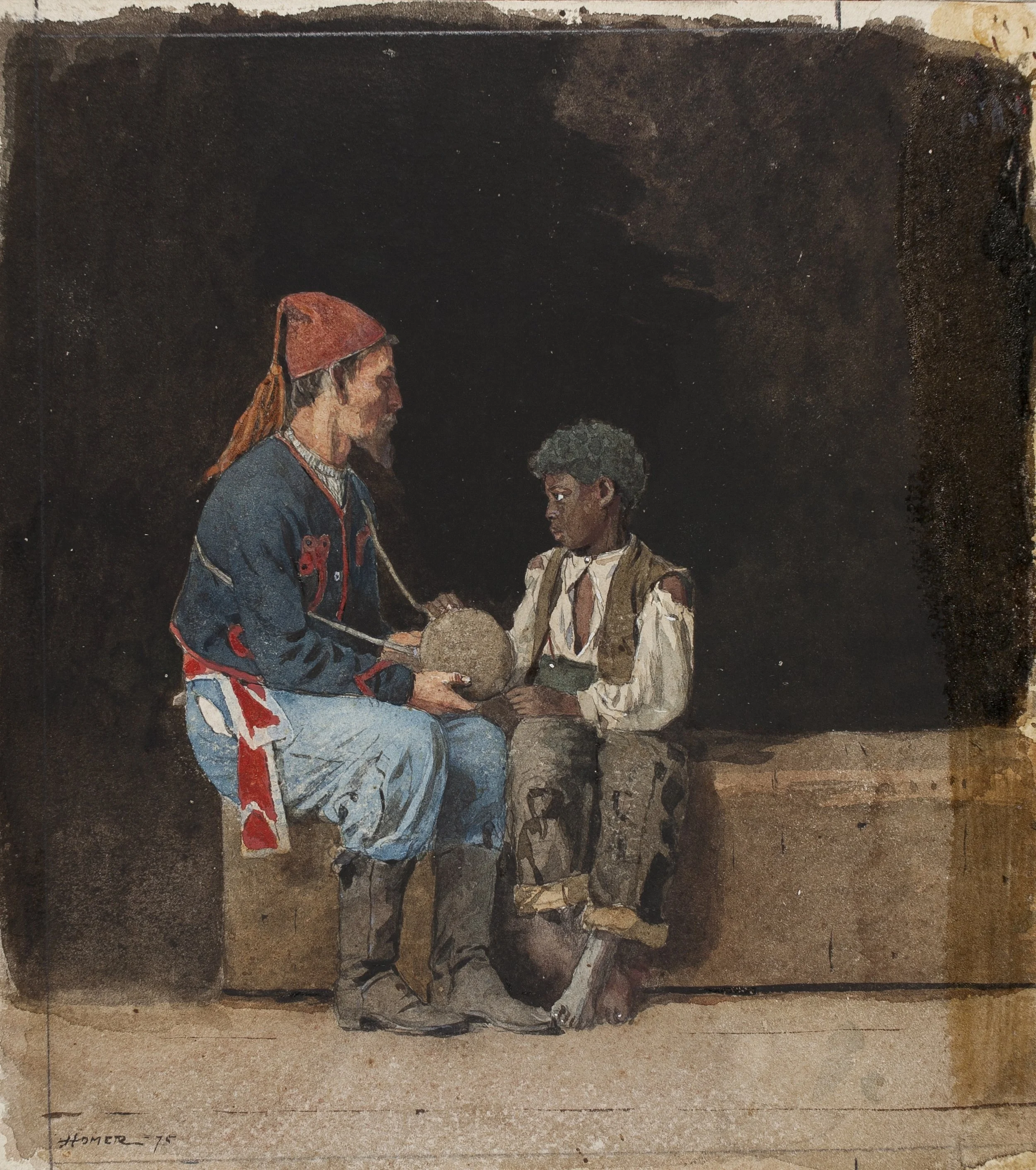 Watercolor painting of a man dressed as a Zouve officer from the Civil War. He wears a conical red cap. He hands a canteen to a small black child dressed in rags.