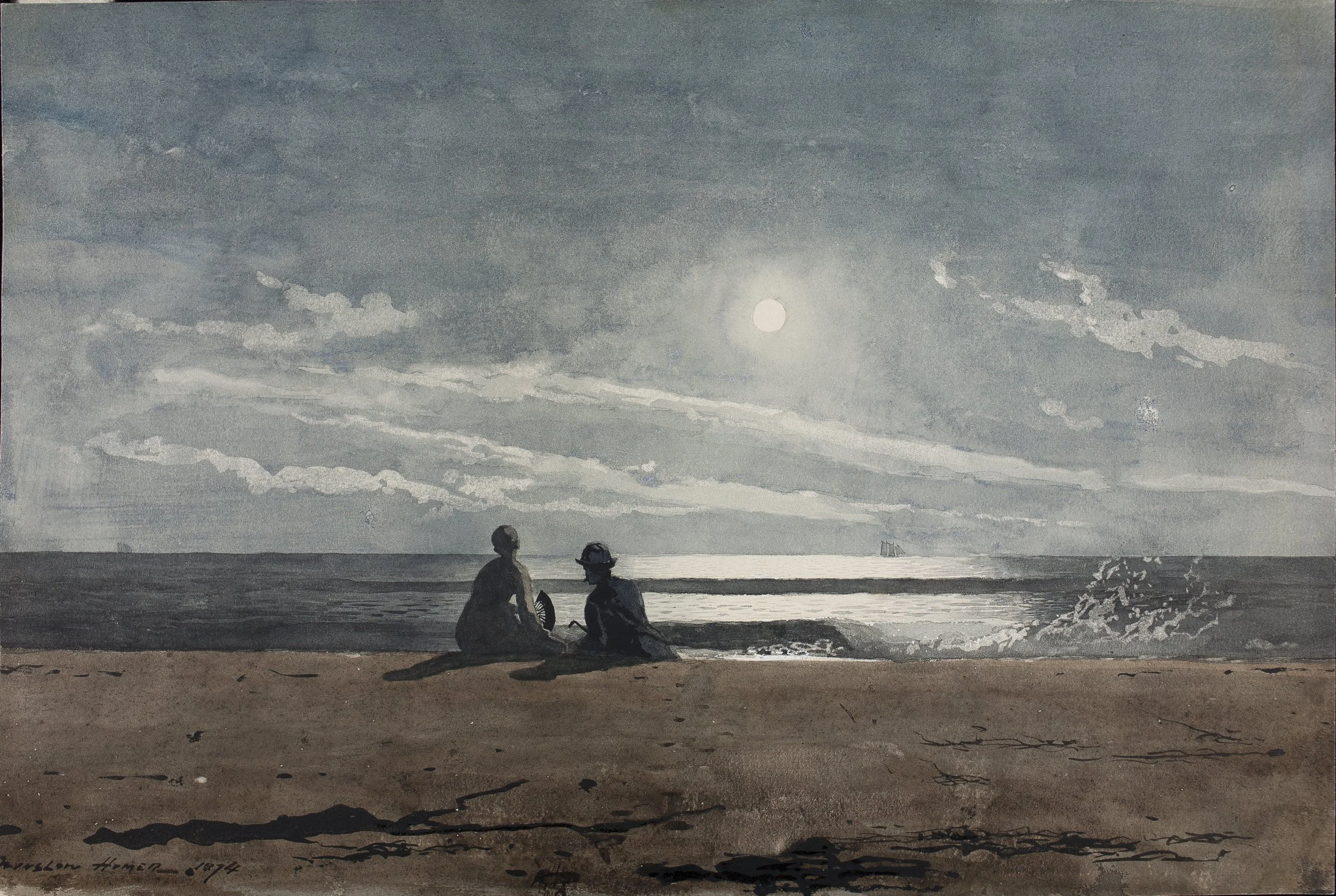 A beach scene depicting a calm sea reflecting the sun light and a nearly silhouetted couple from behind as they sit in the sand and gaze out at the sea. 