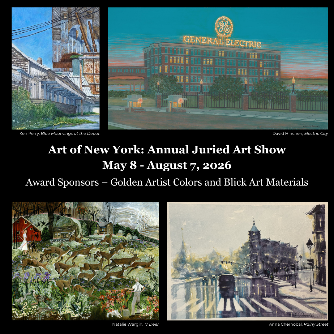 A graphic promotional for the 2026 Art of NY Annual Juried Art Show. The graphic shows four selections of the exhibition.