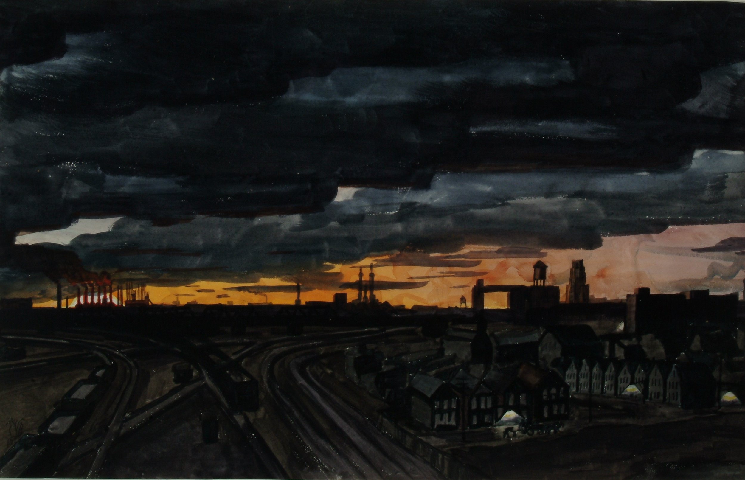 Watercolor painting of a city scape at dusk. The city is shadowy and only a sliver of skyline is seen because of a bright burst of orange sky right at the horizon line. 
