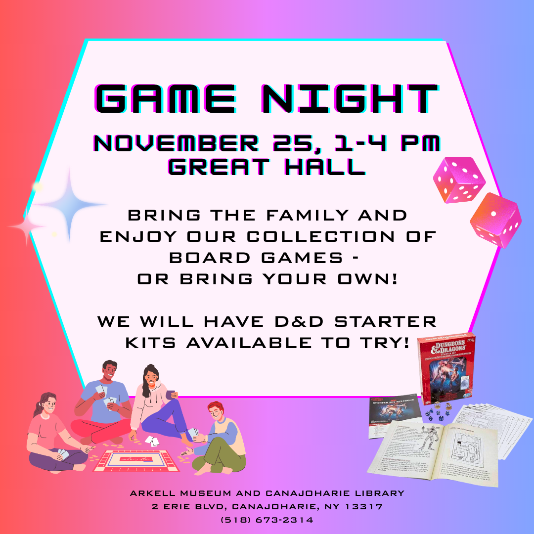 A graphic for "Game Night." The background is a gradient from pink to periwinkle. An octagon is in the middle with the information listed. Around the edges of the octagon are sparkles, dice, an illustration of people playing, and a photo of a D&D set
