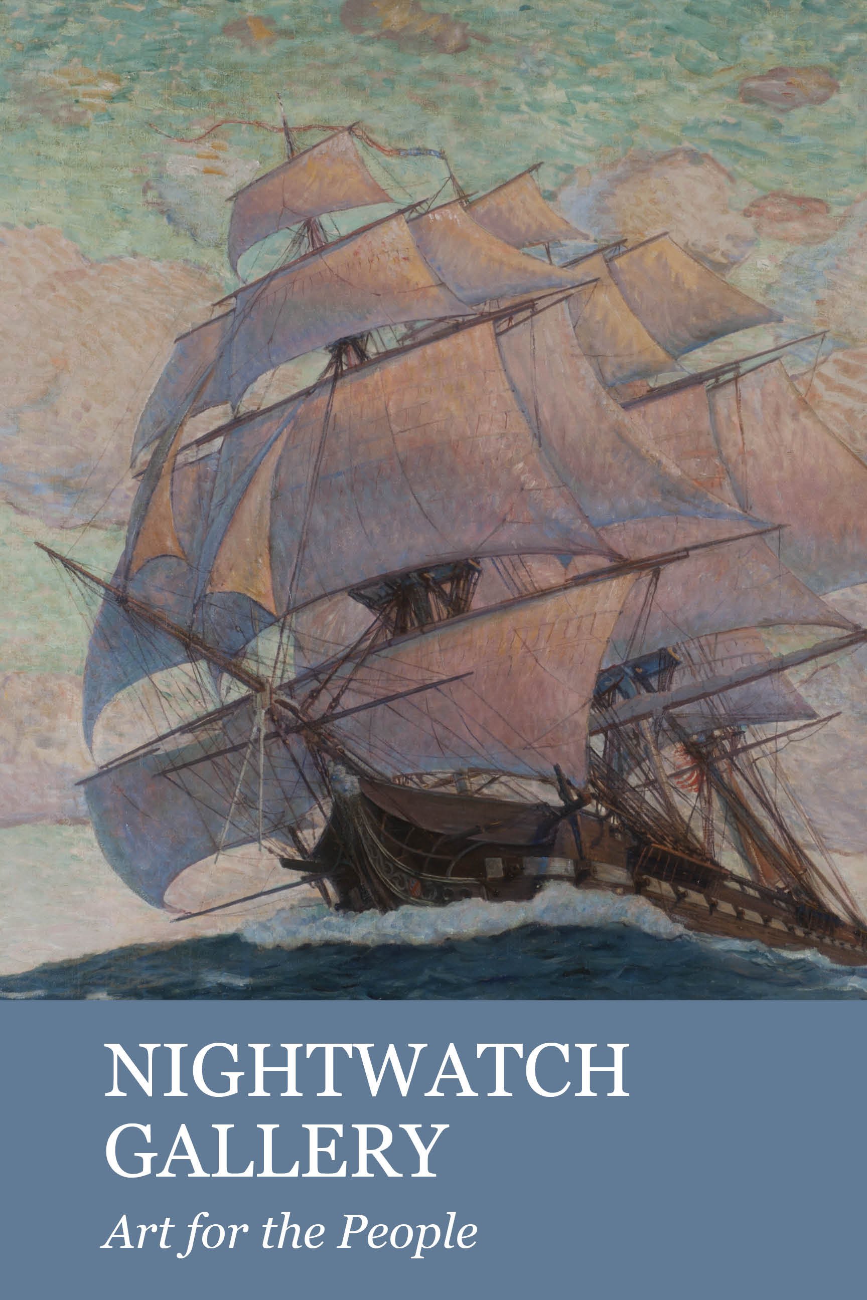 Nightwatch gallery - Art for the people. This is an image of Clifford Ashley's work the "U.S.S. Constitution. It is a large ship sailing over a rough sea.