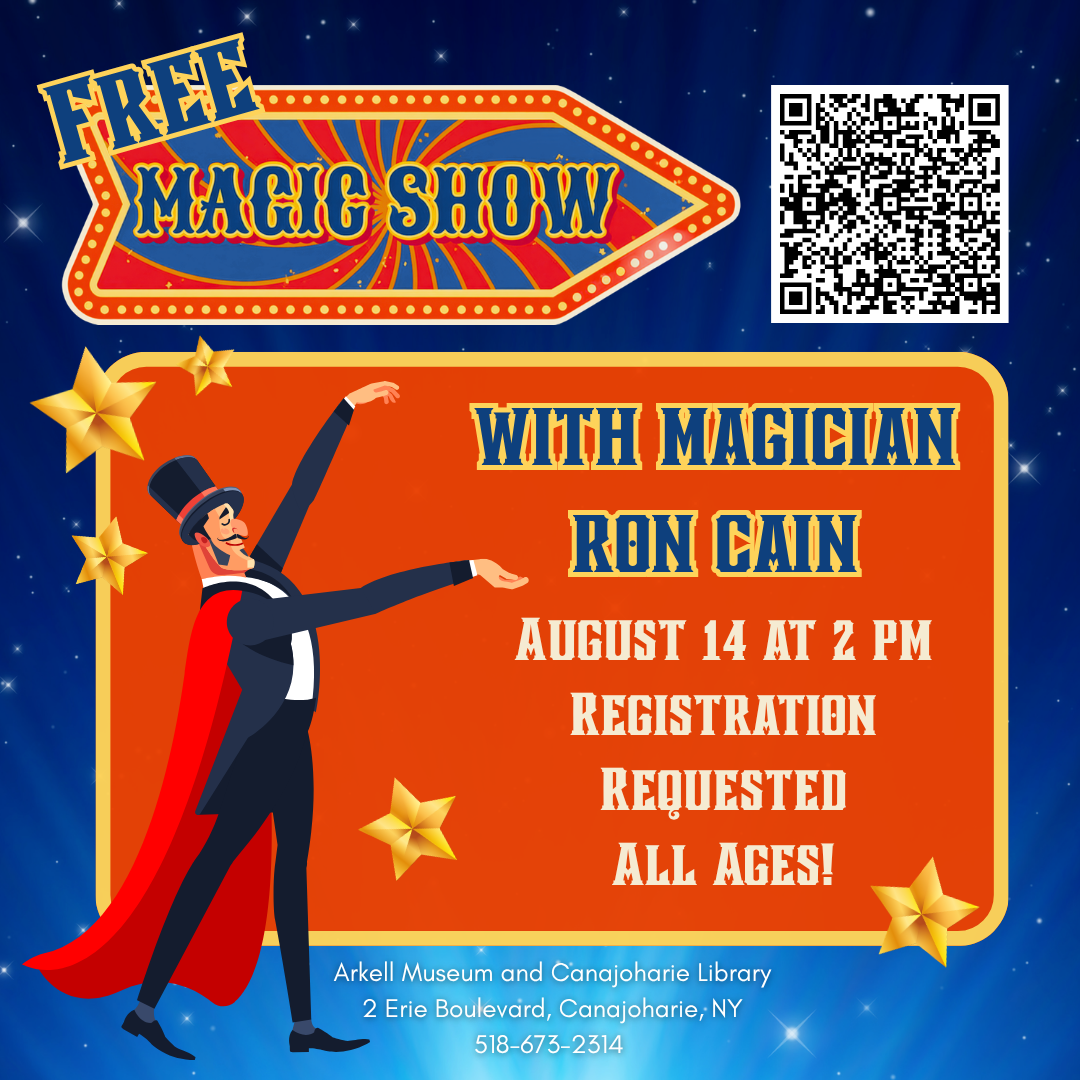 A graphic for the "Ron Cain Magic Show" program. It features a magical blue starry background and a cartoon magician in front. The magician has stars surrounding him, and he is gesturing to the text.