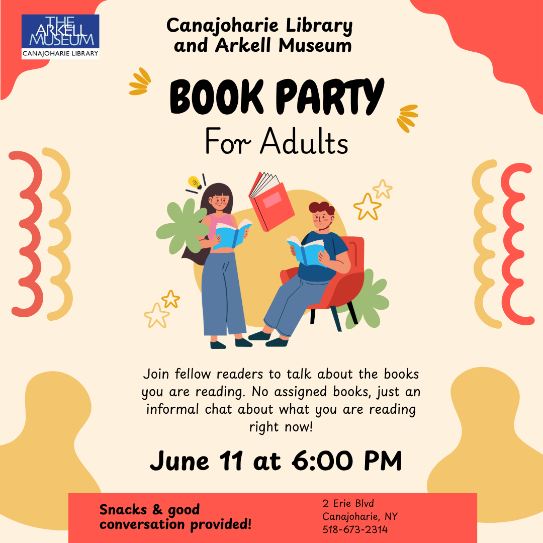 This is a promotional image for our Book Party for Adults event. There is a graphic of two adults reading and chatting. This image also contains miscellaneous squiggles and stars along with event details.