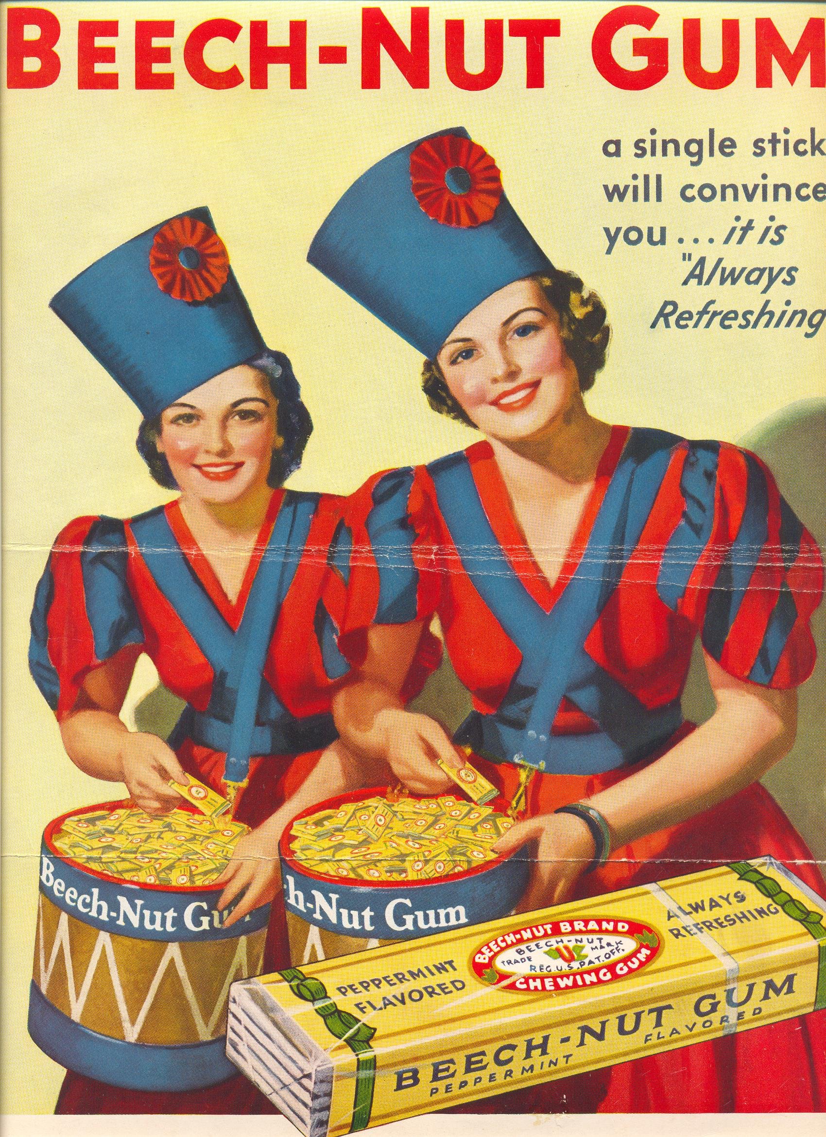 Colored poster of two women holding drums full of Beech-Nut gum. The women ear red and blue uniforms with tall hats. They have short hair and smile at the viewer. 