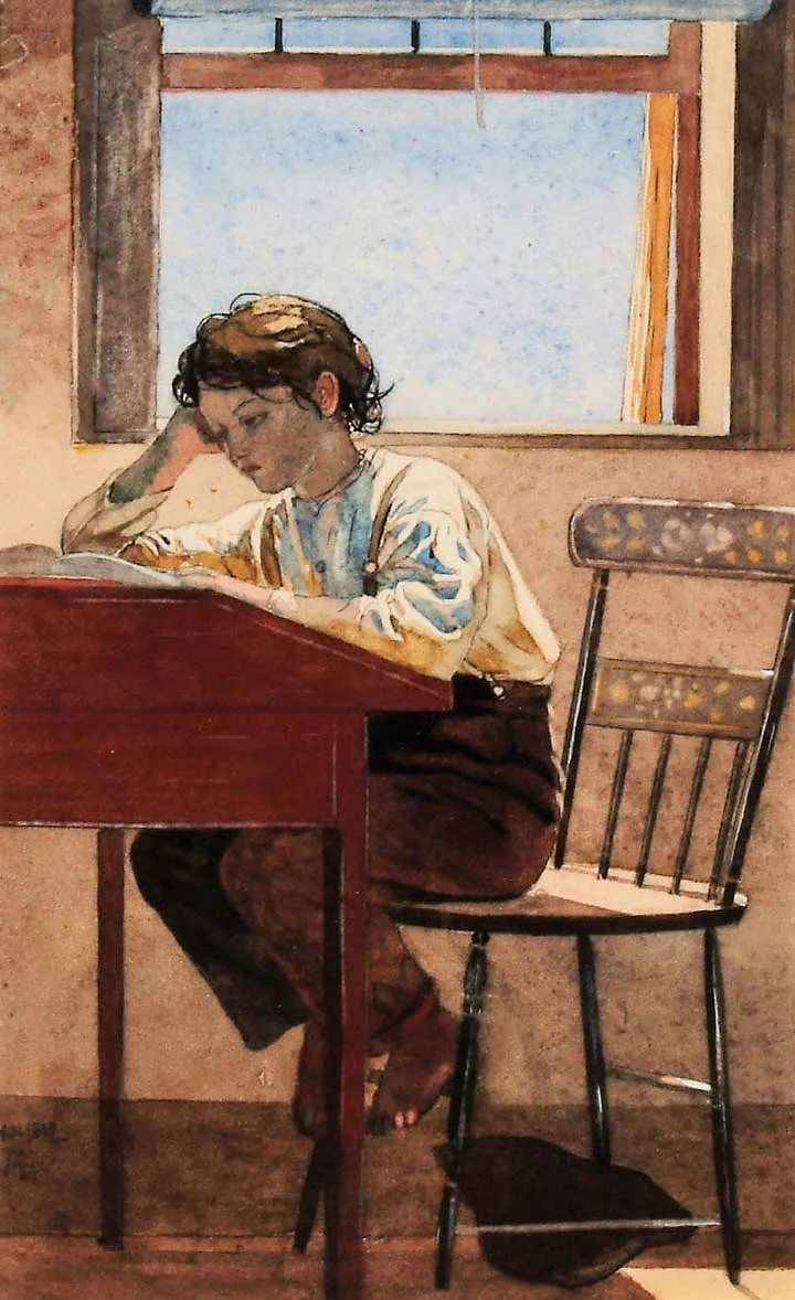 This is an image of Winslow Homer's work titled Homework. It is a small child, sitting at a desk who appears to be working on school work. He has a grimace expression and looks bored.