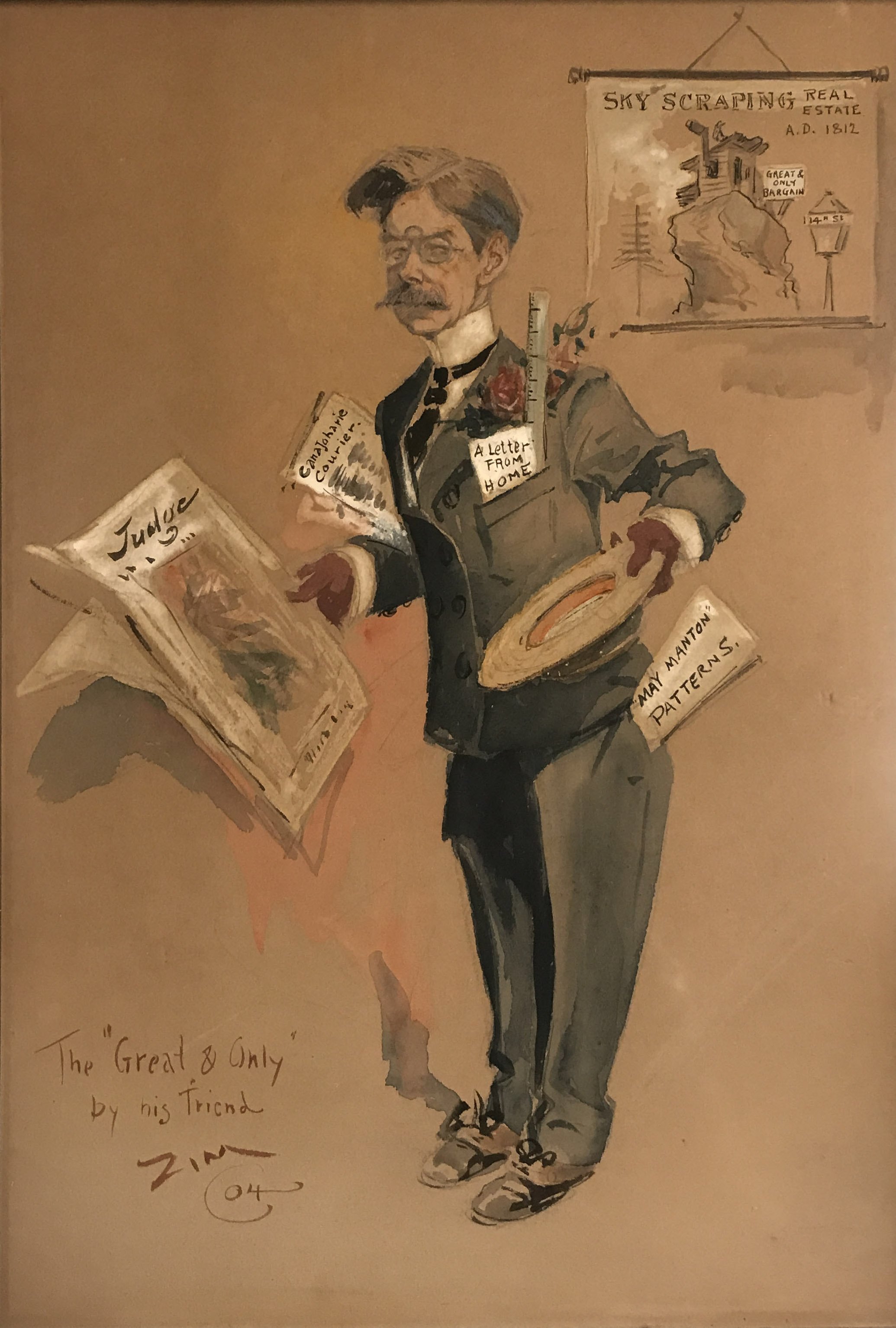 drawing of a man in a suit. He holds a copy of Judge Magazine in one hand and a hat in the other. 