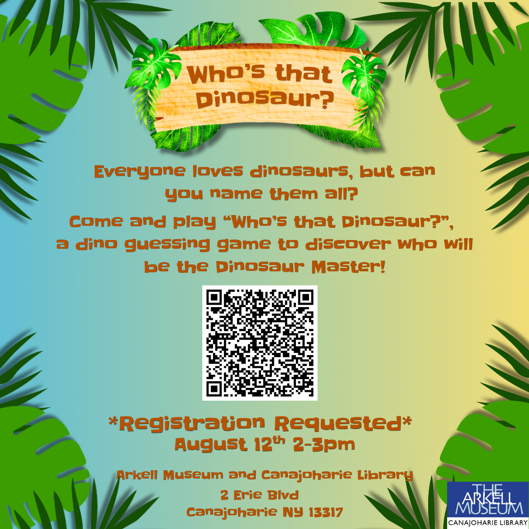 A promotional program graphic for "Who's That Dinosaur?" The background is a blue and yellow gradient, and there are various leaves making borders along the side.