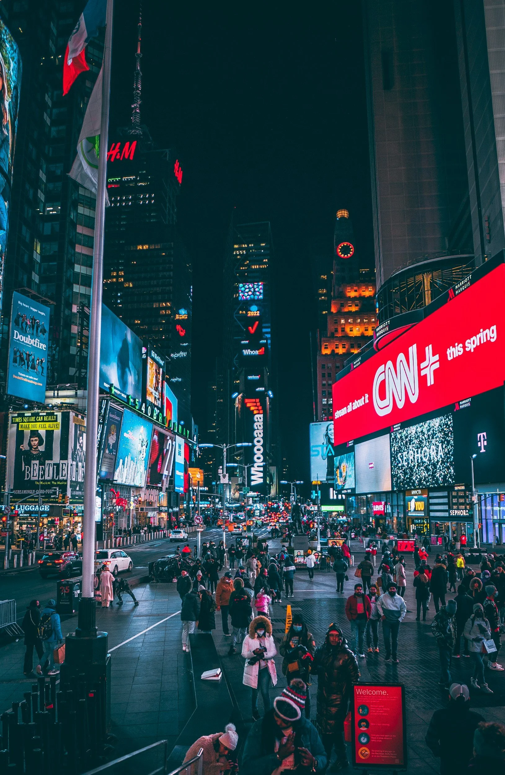 time square in new york on a cold autumn night