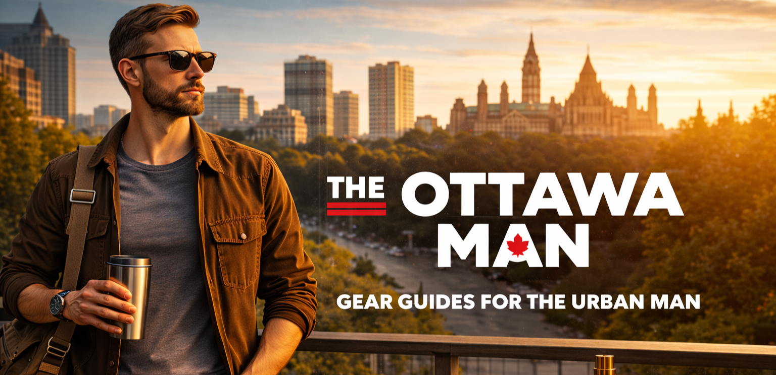A man with sunglasses and a brown jacket holding a travel mug, standing on a balcony overlooking Ottawa's city skyline during sunset with the text 'The Ottawa Man: Gear Guides for the Urban Man' and a small red maple leaf.
