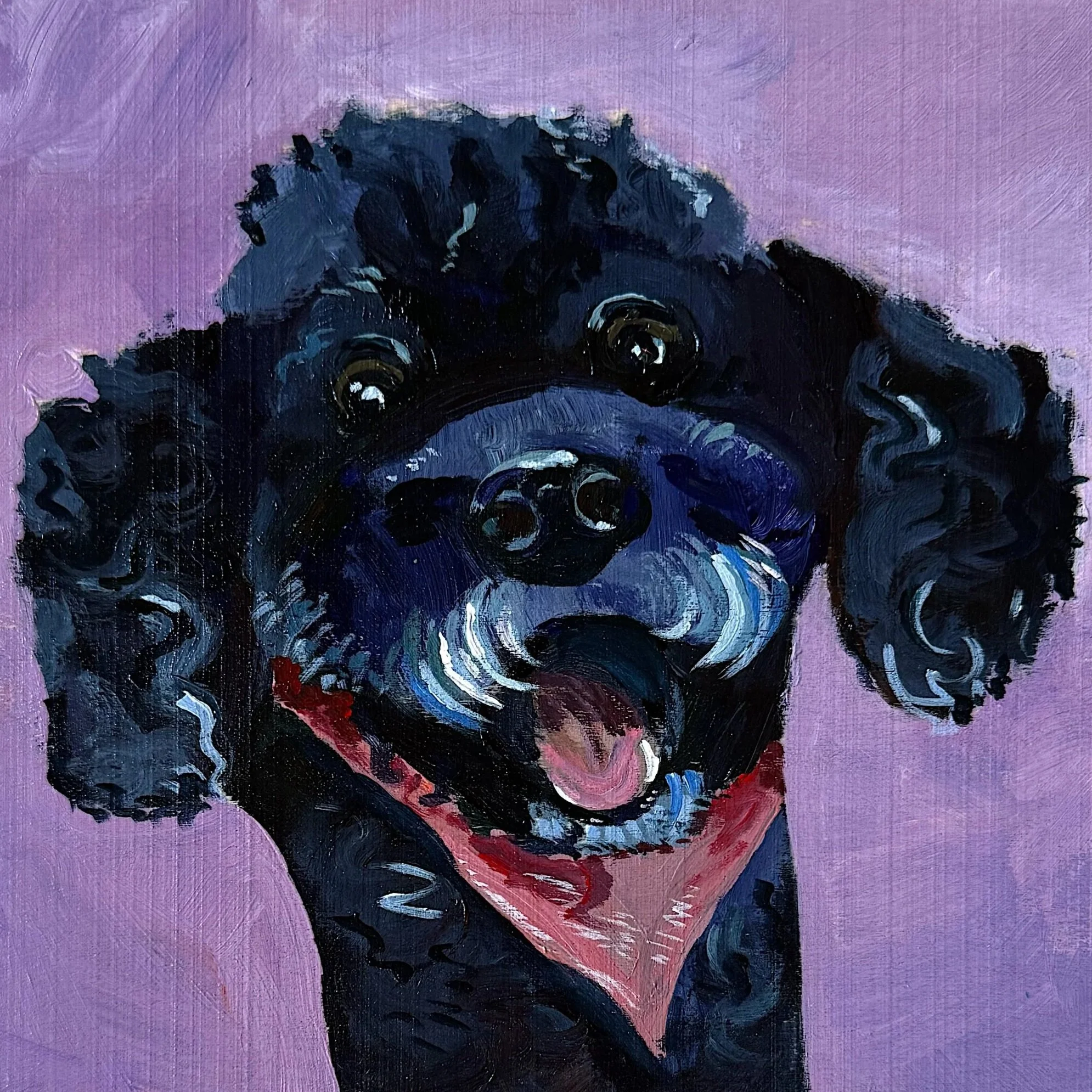 Close-up of a black dog, possibly a poodle, painted with visible brushstrokes on an abstract purple background.