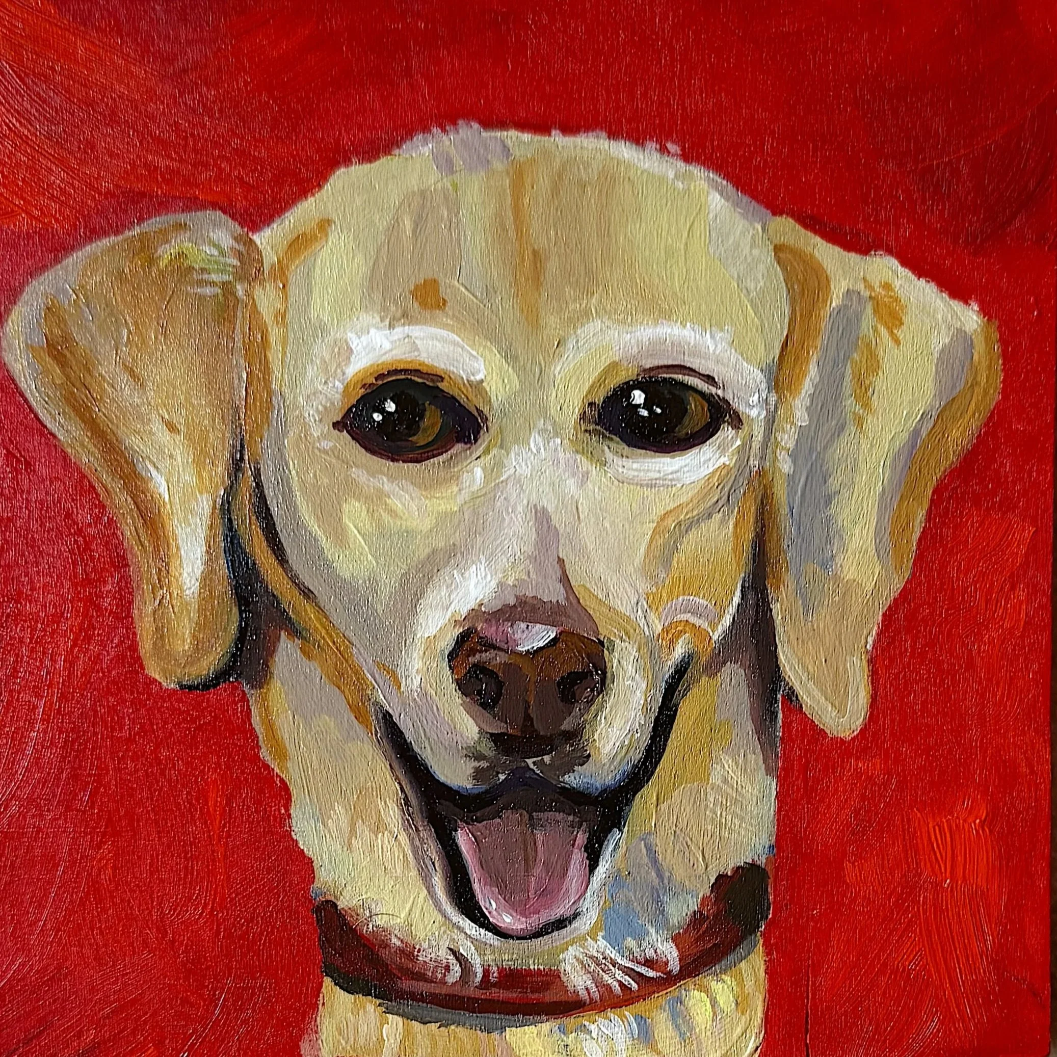 An abstract painting of a dog with large, dark eyes on a red background.