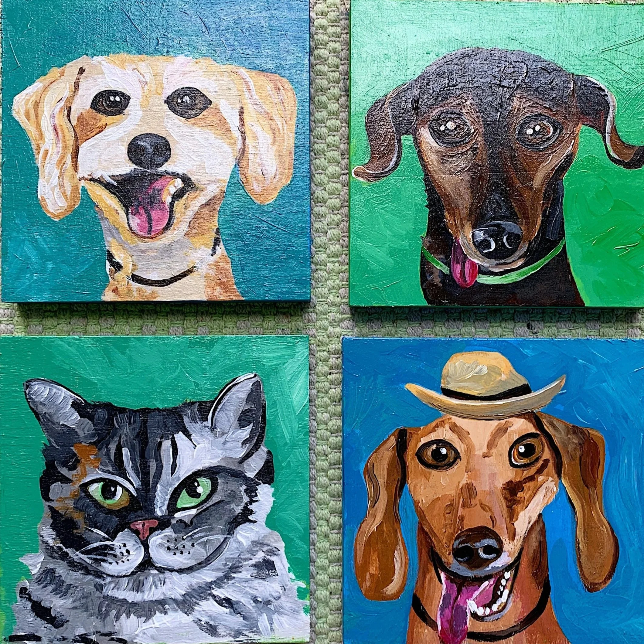 Painted portraits of two dogs on canvas. The left dog is a light-colored, cheerful dog with floppy ears and an open mouth with tongue out, against a teal background. The right dog is a darker, more serious dog with floppy ears and a collar, against a