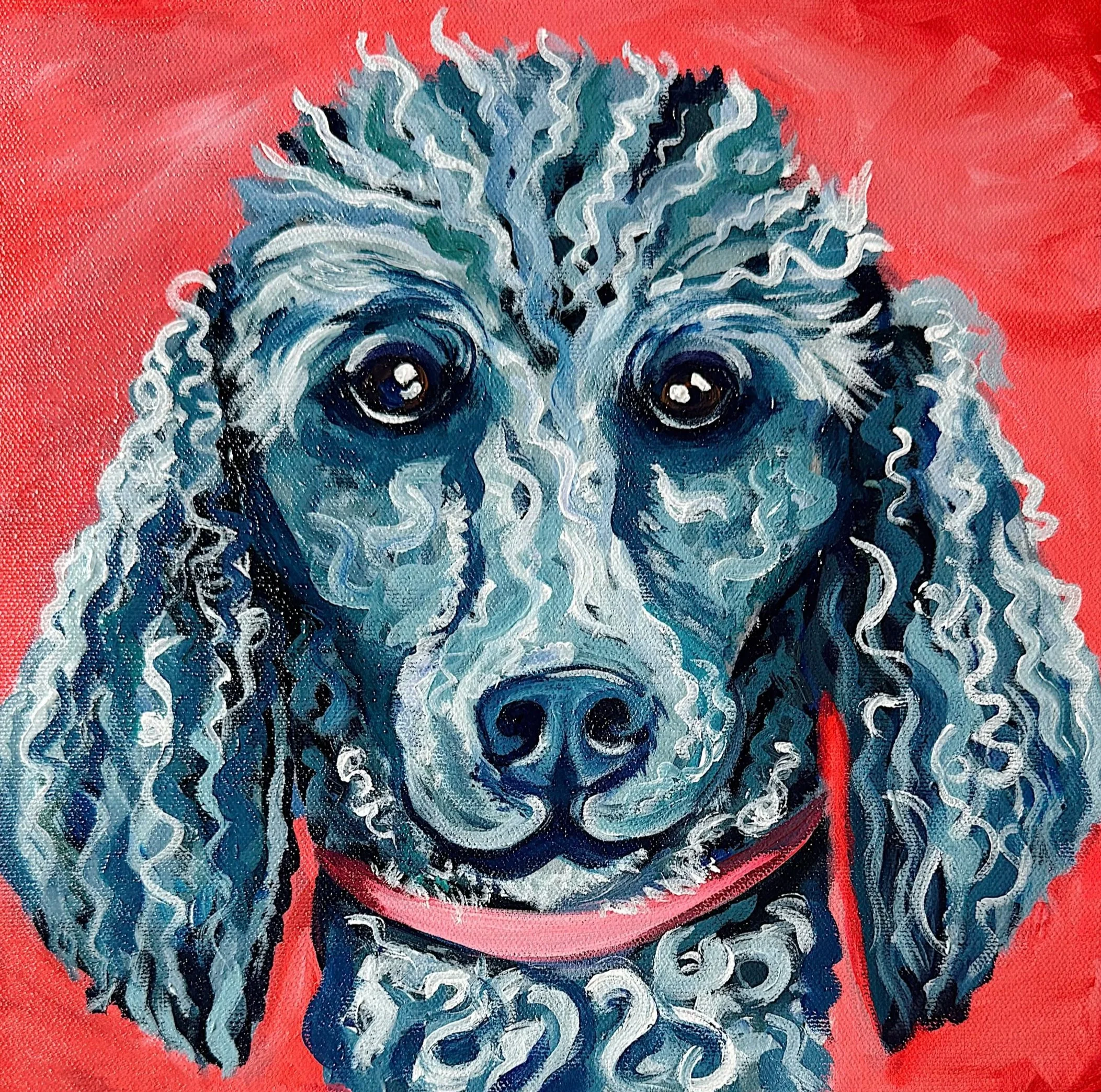A painting of a dog's face with curly fur on a red background.