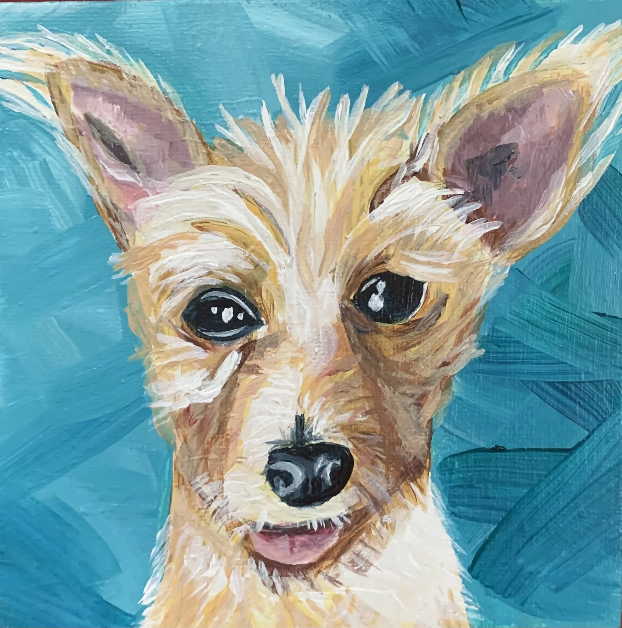 Close-up of an abstract painting depicting a small dog with large black eyes, a light brown and white face, and oversized ears, against a vibrant blue background.