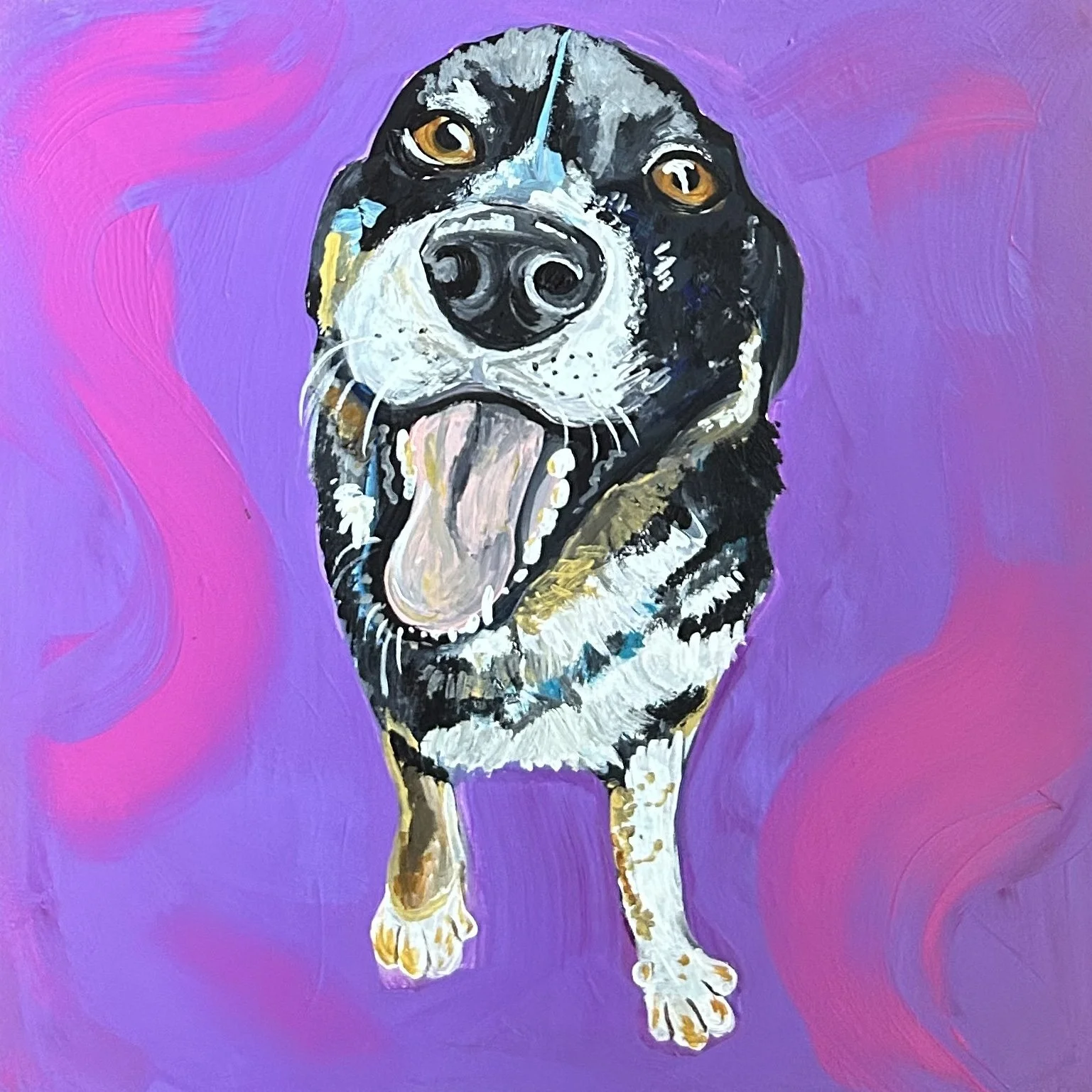 A painting of a black and white dog with brown eyes and an open mouth, showing its tongue, against a purple and pink abstract background.