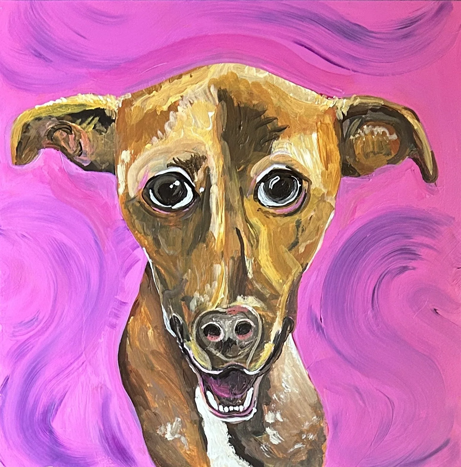 A painting of a happy brown dog with big eyes, open mouth, and pink tongue, against a bright pink background with purple swirling accents.