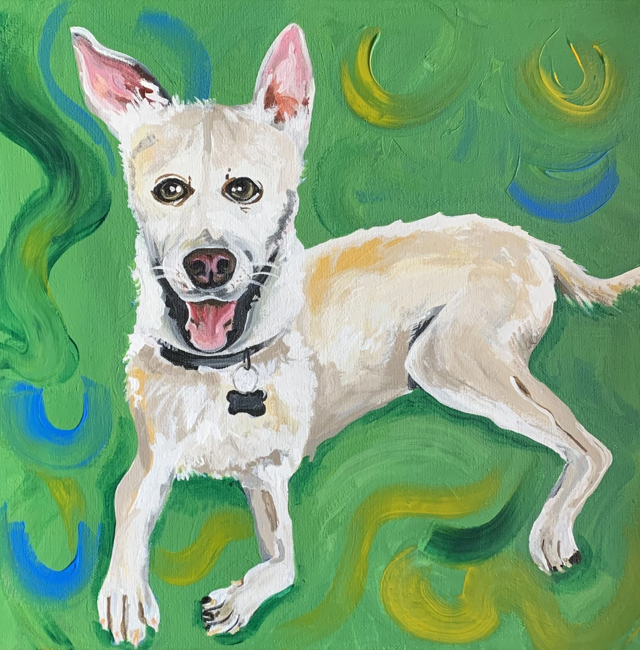 Painting of a white dog with black markings and a pink tongue, set against a green background with yellow and blue swirls.