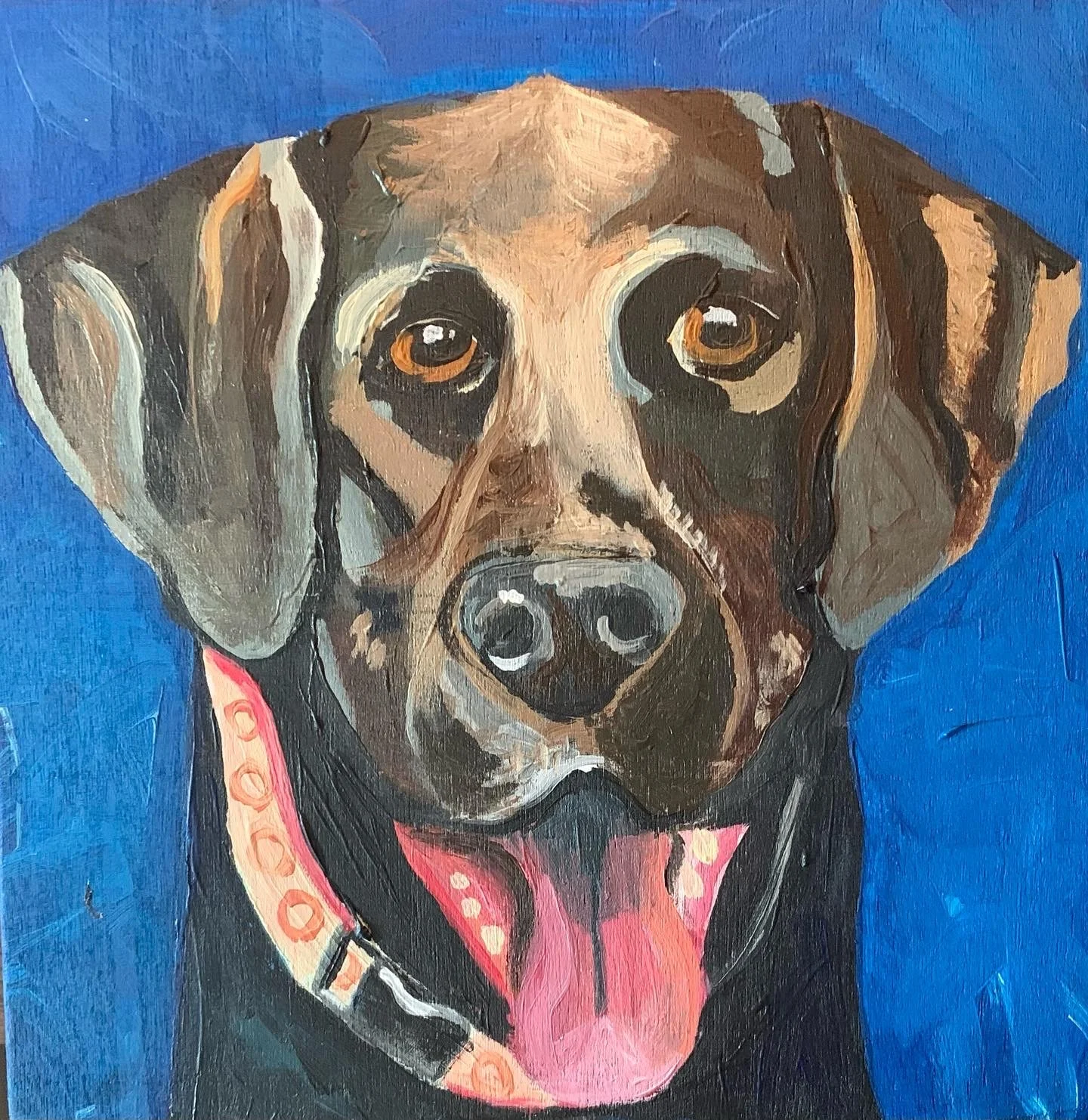 Painting of a dog with large, expressive brown eyes, wearing a pink collar with polka dots and a pink bandana, against a blue background.