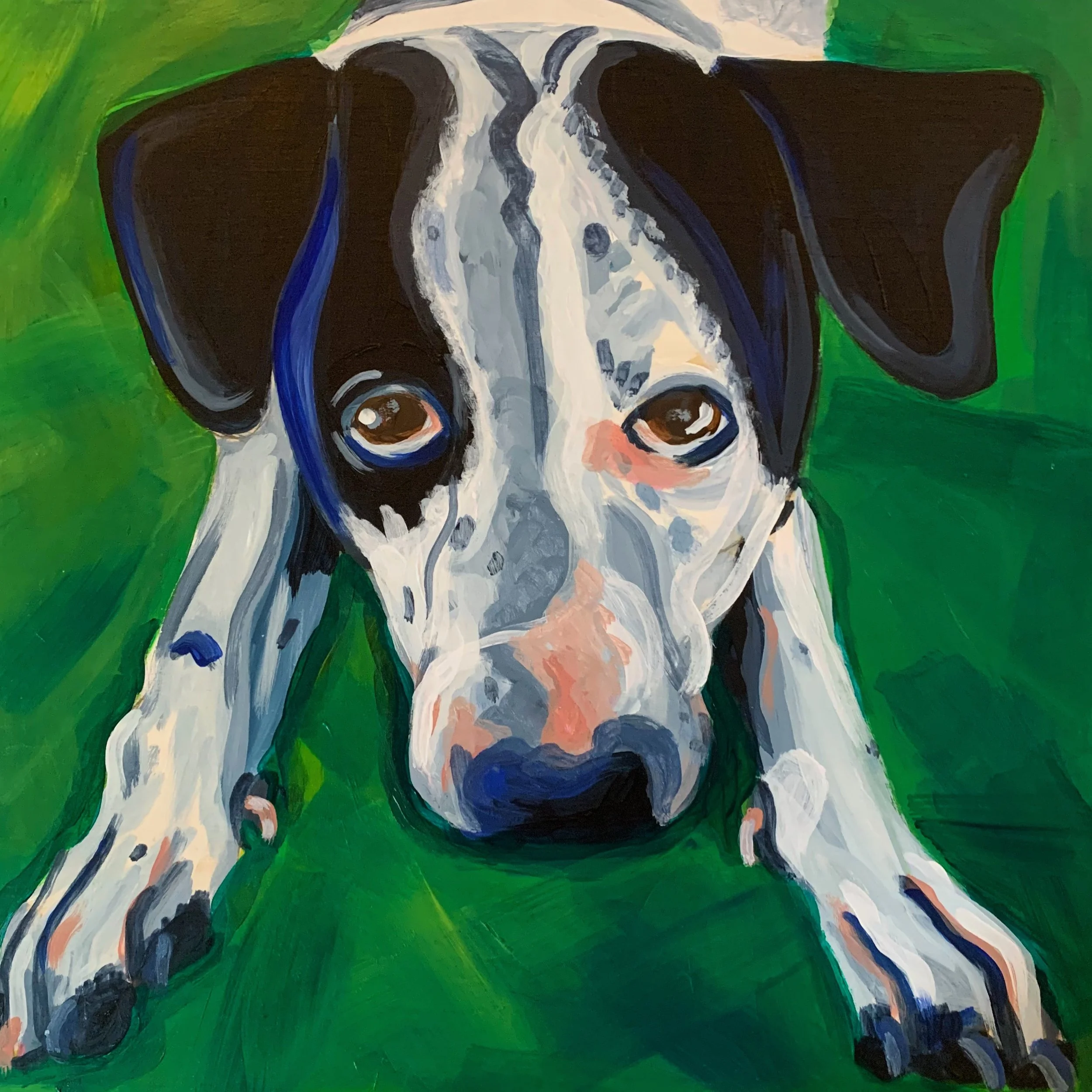 A colorful abstract painting of a puppy with oversized eyes, portrayed with bold brushstrokes and vivid green background.