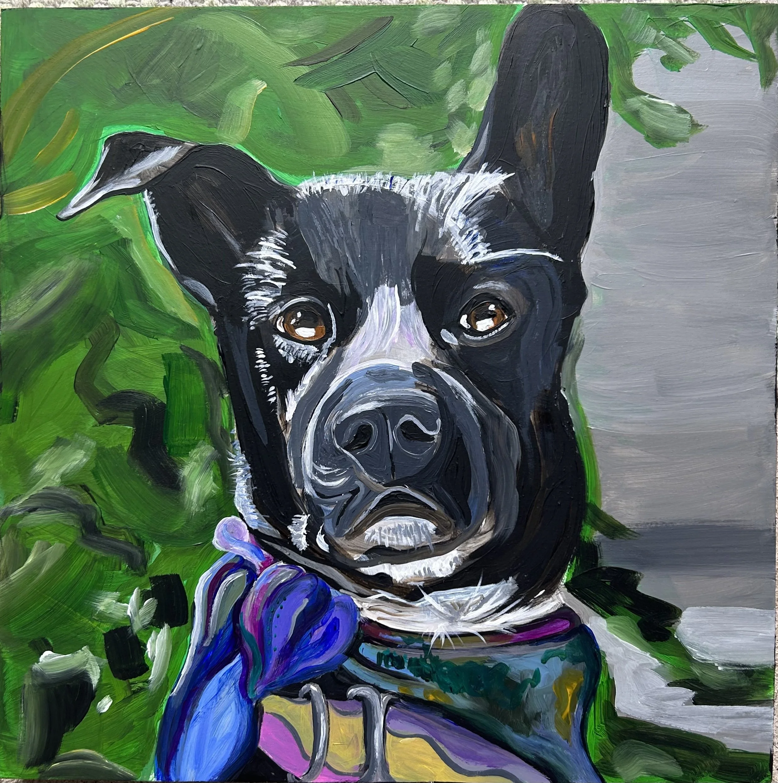 Colorful painting of a dog with large brown eyes, standing among green leaves and a vibrant background.