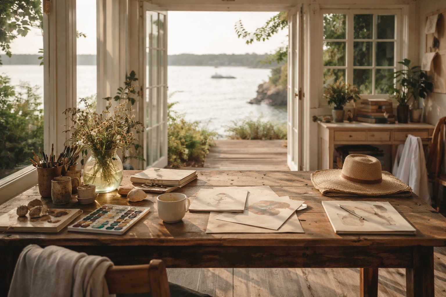 A rustic wooden table set with watercolor paintings, paint supplies, a coffee mug, and a straw hat, with an open doorway leading to a scenic view of a lake and greenery.