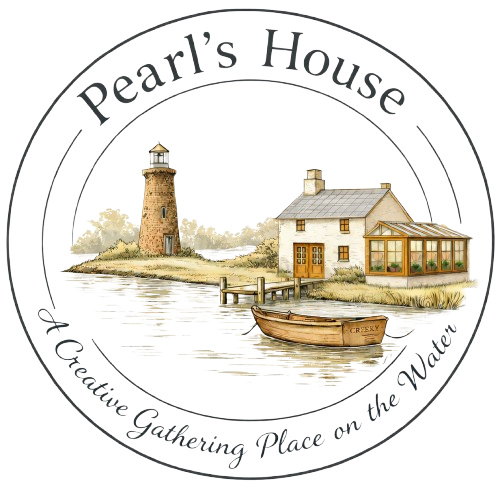 Illustration of a lighthouse, a house with a sunroom, a small boat, and water, with the text "Pearl's House" and the phrase "A Creative Gathering Place on the Water" surrounding the scene.