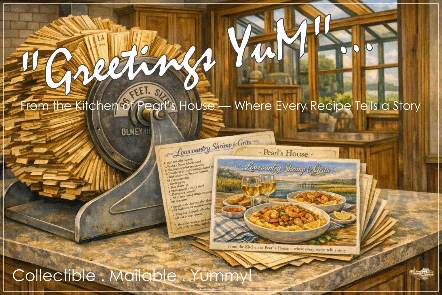 A vintage kitchen with a scale, stack of recipe cards, and a menu for Lowcountry Shrimp & Grits at Pearl's House, decorated with wooden accents and large windows, promoting local cuisine and storytelling.