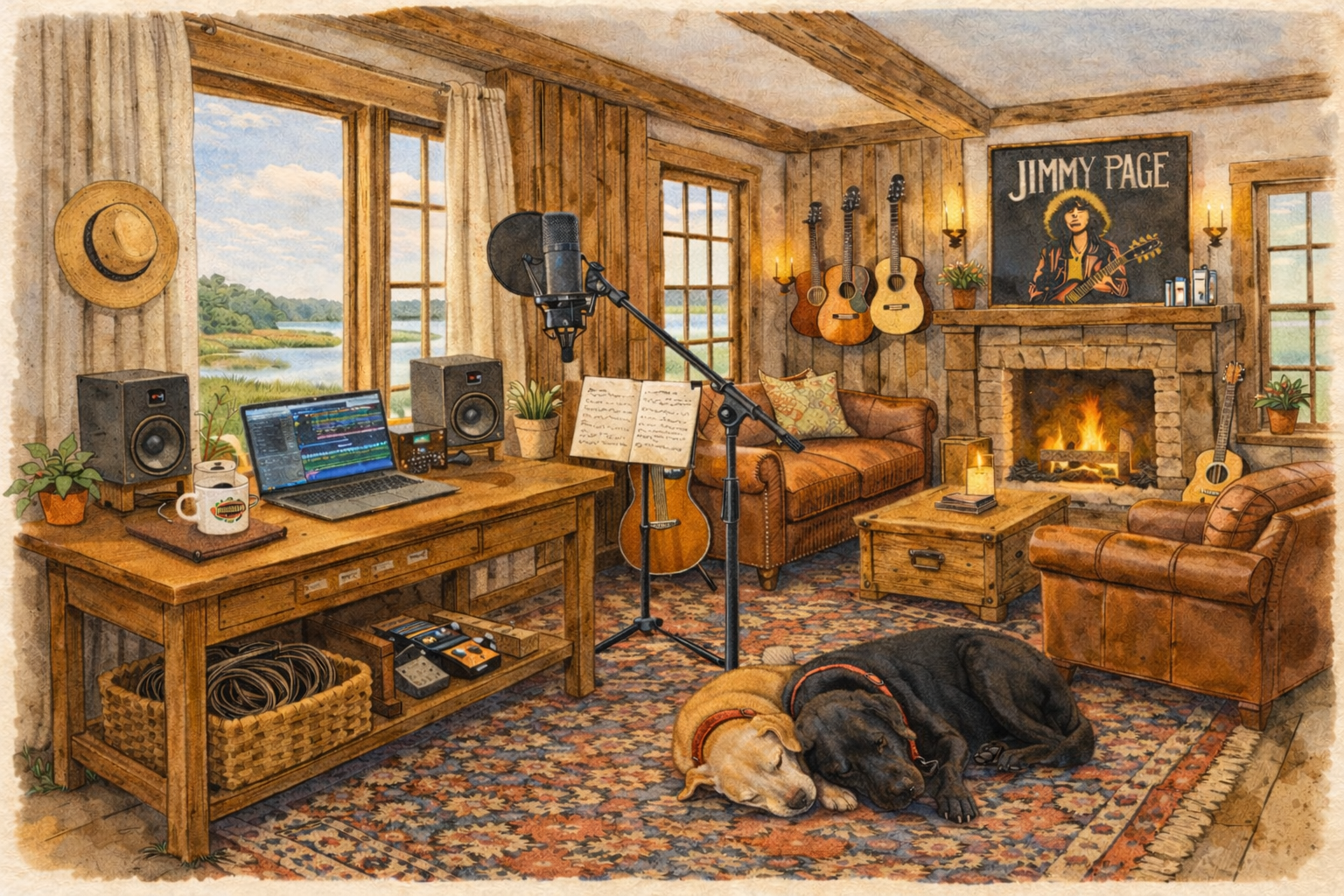 Where river light shimmers and the fire keeps time, Danny’s chords wander in a warm, easy rhyme. Two pups once curled close, keeping beat now and then— Their spirits still sway softly through Danny’s Music Den.