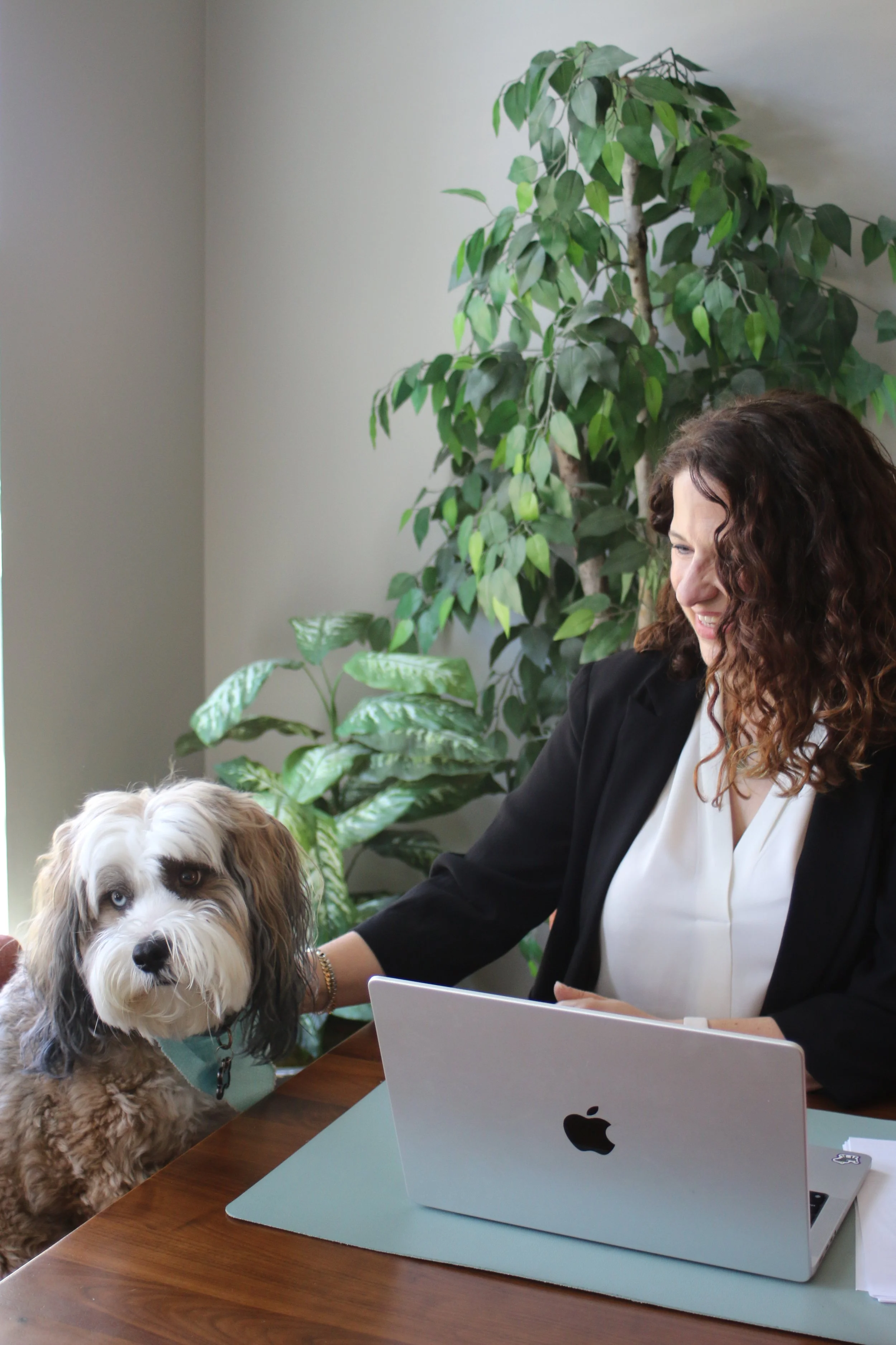 A woman with curly brown hair sitting at a desk with a laptop and a large dog with multicolored fur. There are green plants in the background.