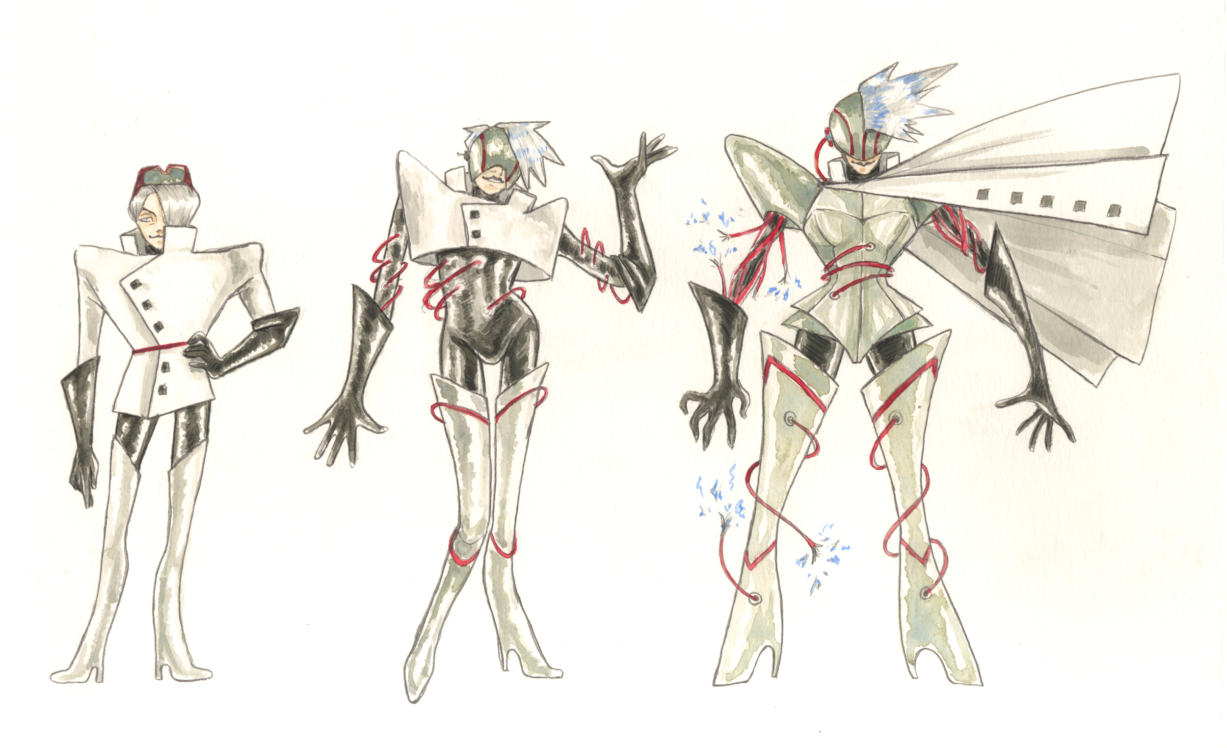 Robotic Fashion Designer Multistage Final Boss character design (2025) - Watercolor & colored pencil