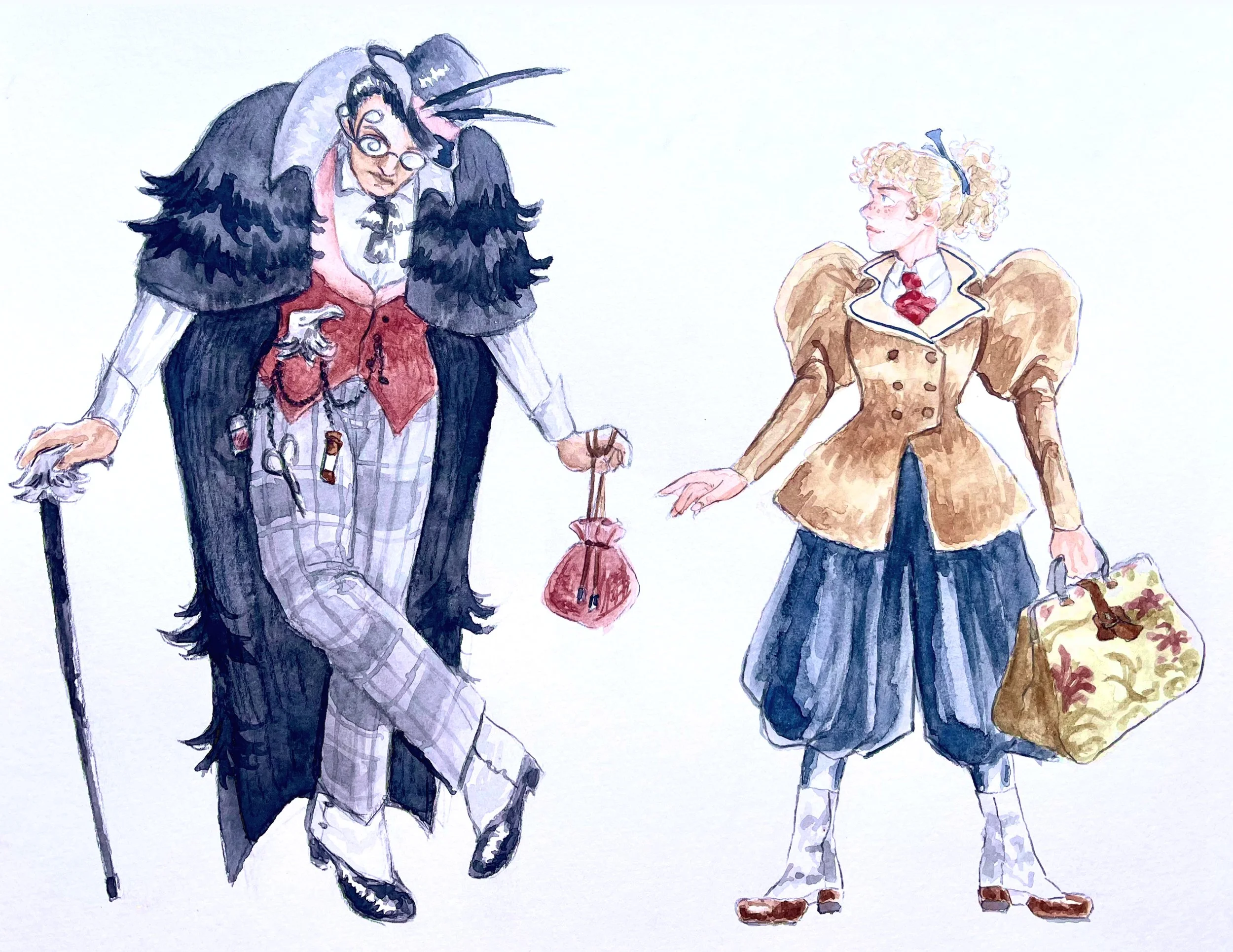 Victorian Duo character designs (2025) - Watercolor & colored pencil