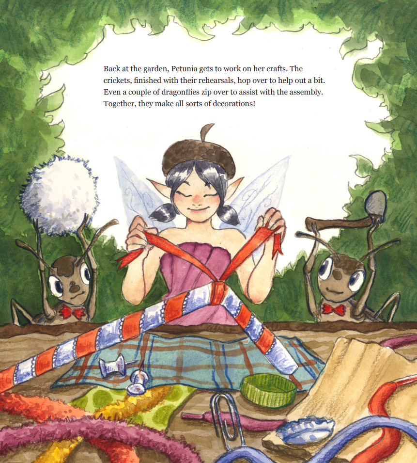 Petunia Plans a Party!: children's book mockup sample illustration 1 (2025) - Watercolor, colored pencil, digital typesetting