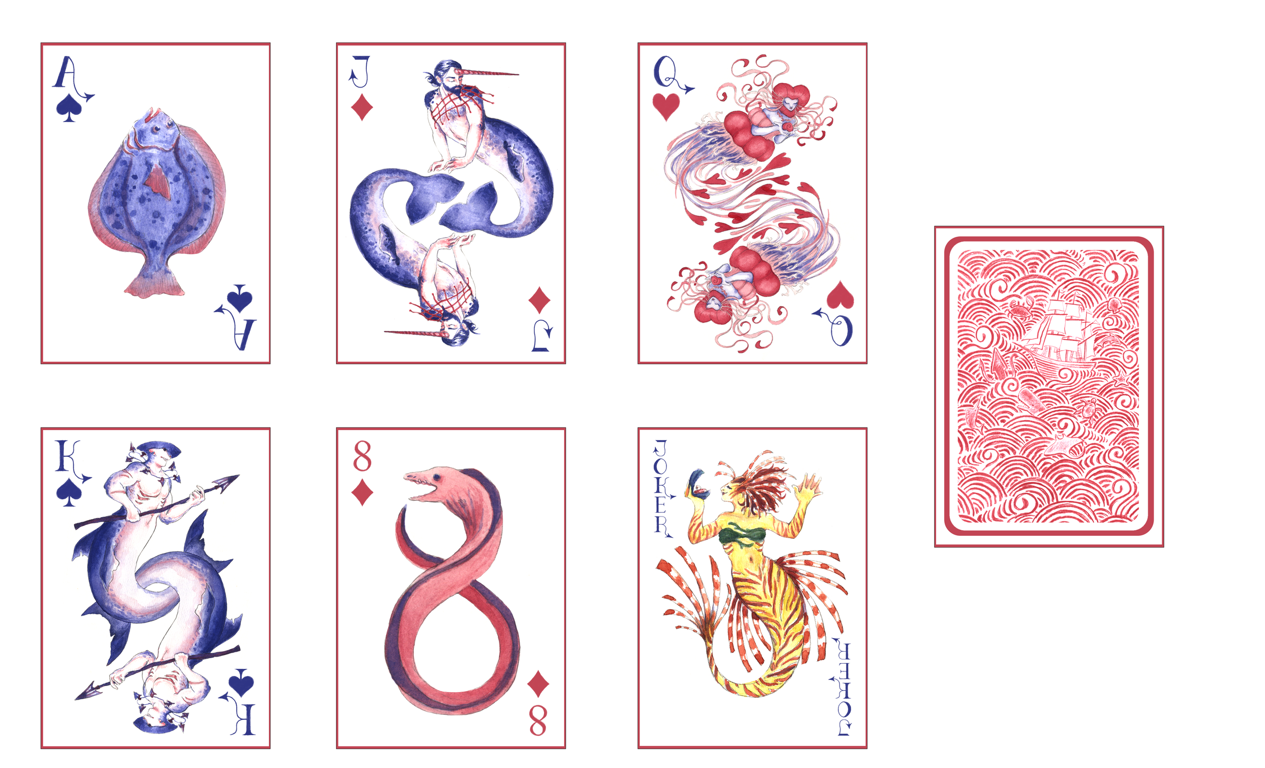 Mermaid-Themed Playing Cards: 6 card sample (2025) - Watercolor, colored pencil, digital editing/formatting